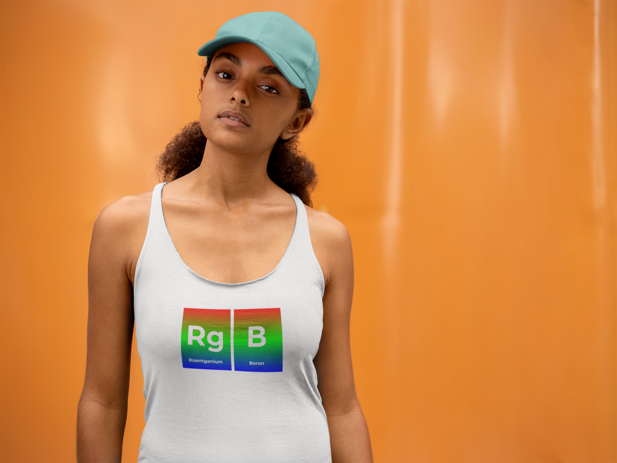 'RG-B Periodic Table Women's Tank' in white, woman by an orange wall, Tank Top mockup, Geekpsters