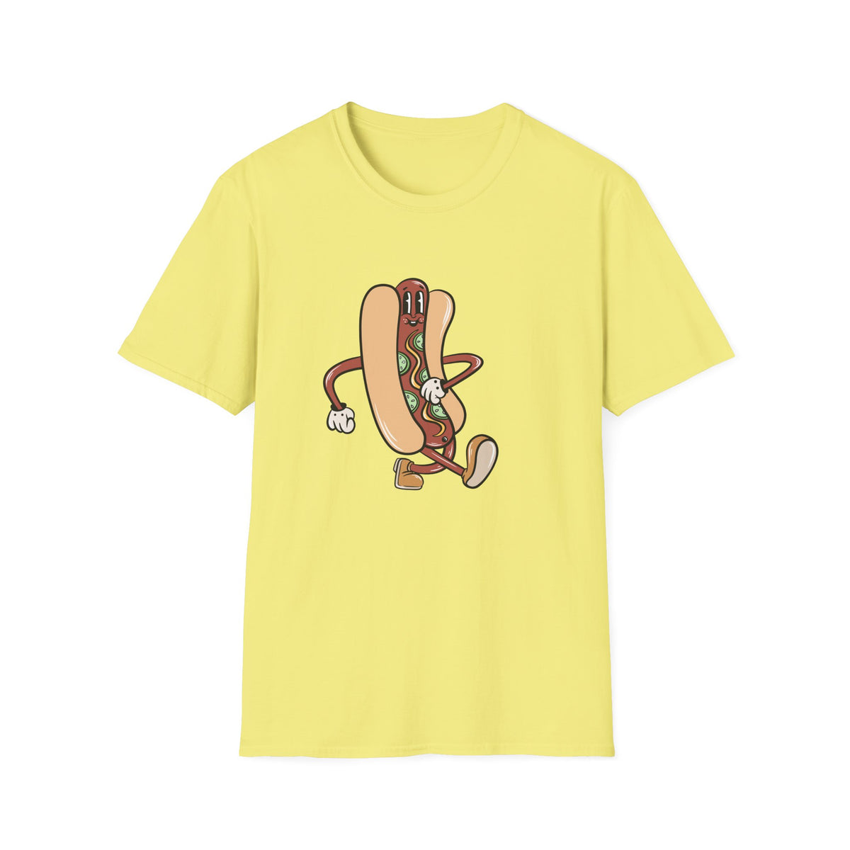 Hotdog Cartoon t-shirt in cornsilk yellow, flat lay front print, funny food lover gift