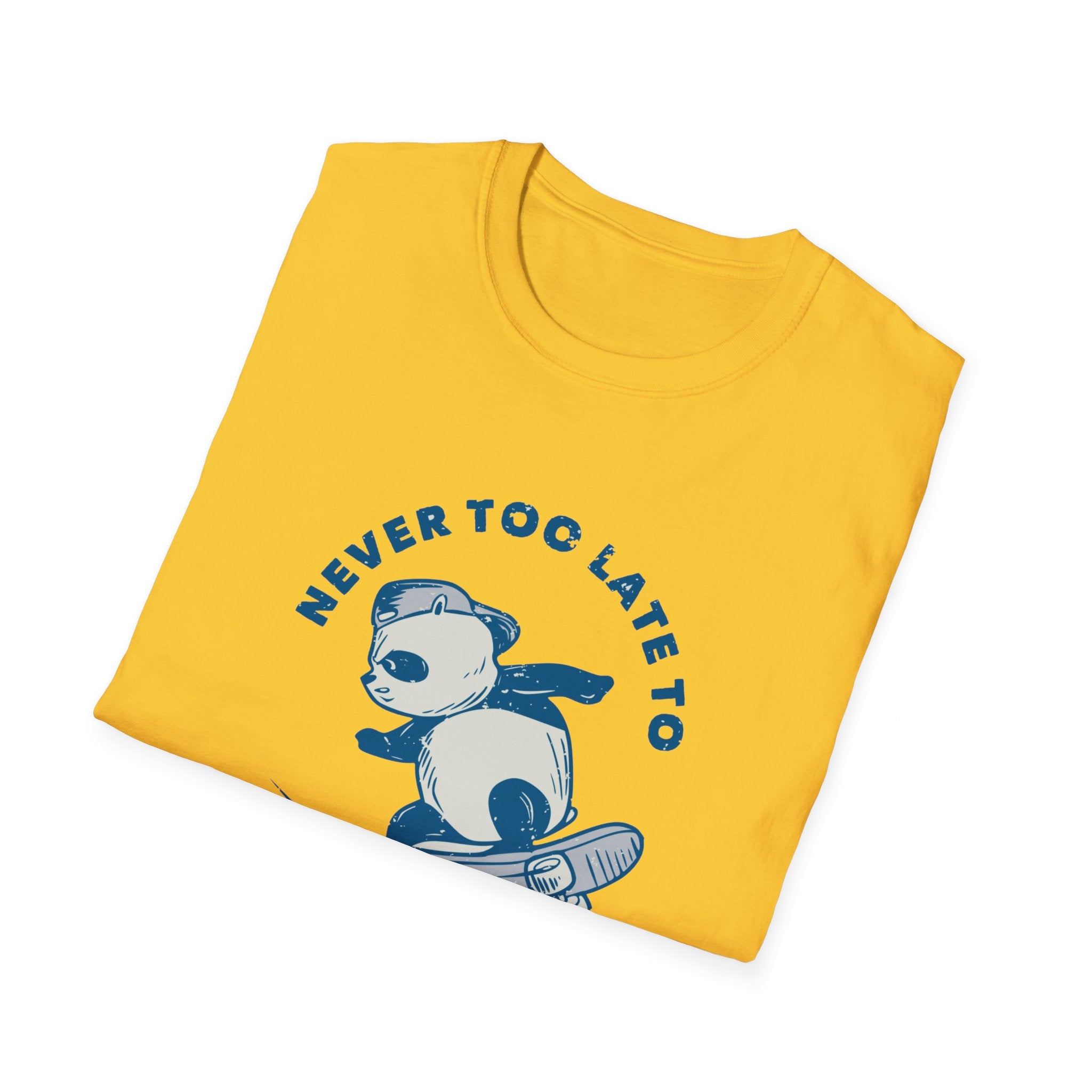 The "Never Too Late to Skate T-Shirt" in yellow showcases a skateboarding panda alongside the words "NEVER TOO LATE TO," beautifully blending style and passion for skating, and serving as a reminder that it's never too late to enjoy the sport.