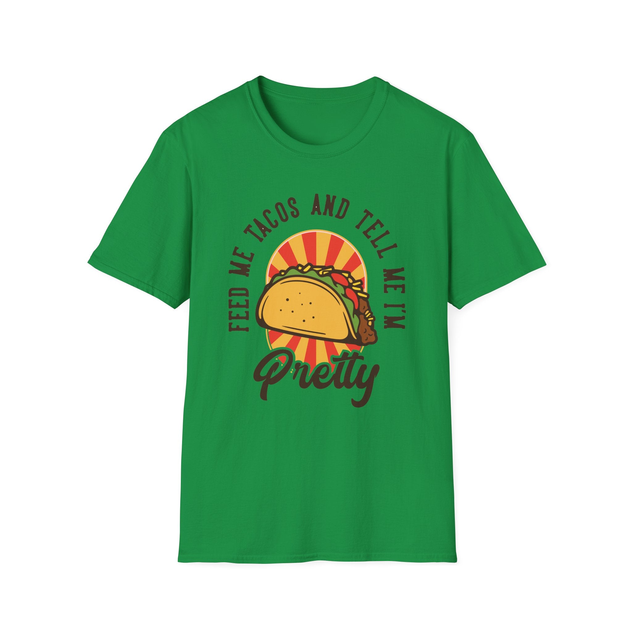 The "Feed Me Tacos and Tell Me I'm Pretty" T-Shirt showcases a vibrant taco graphic alongside the humorous slogan, making it an ideal choice for taco enthusiasts. Whether it's Taco Tuesday or just a day when you need a little cheer, this shirt is guaranteed to bring a smile.