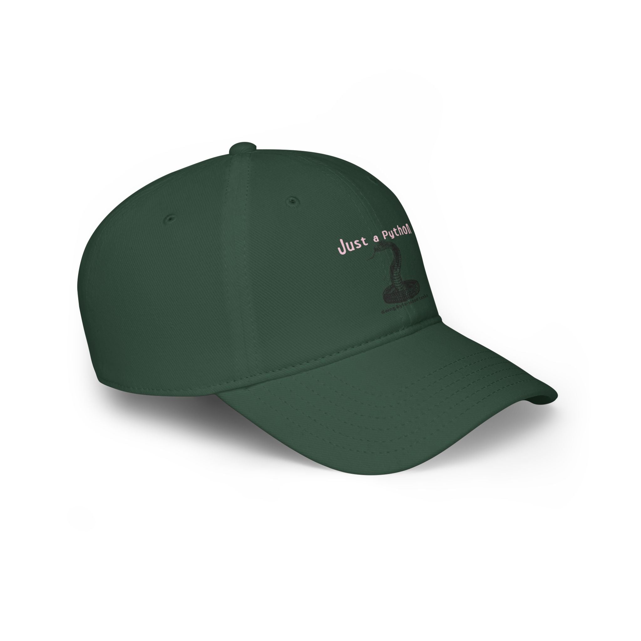Dark green baseball cap featuring "Just a Python" and a small golf putter graphic—ideal for fans of nerdy apparel looking to add playful, geeky flair to their style.