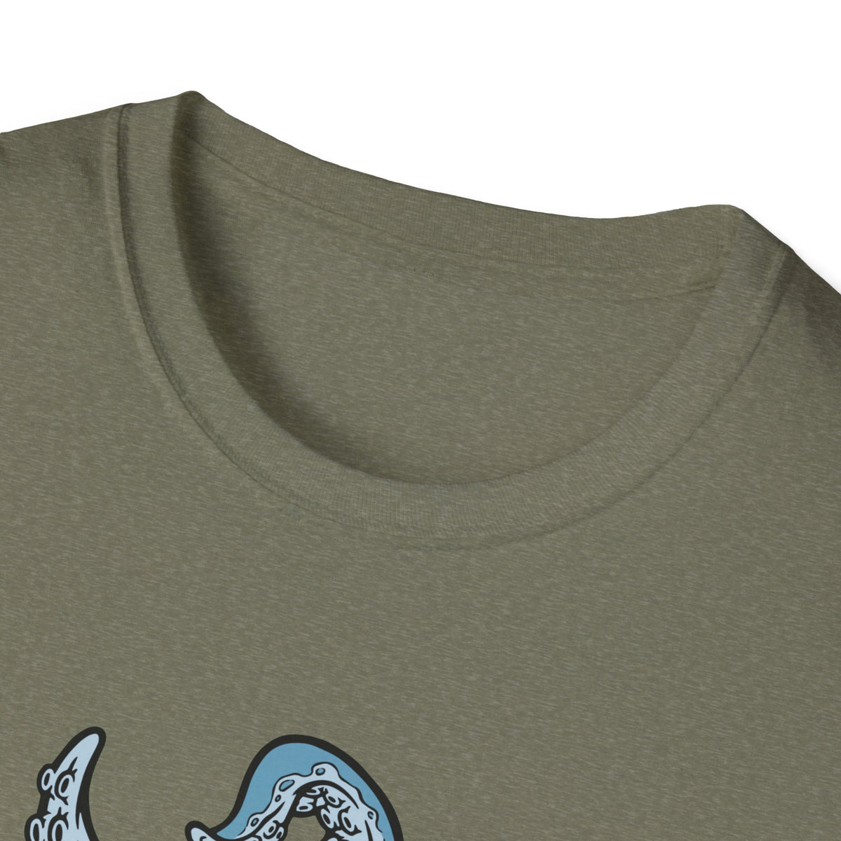 'Octopus Comes Out of the Bag' t-shirt in heather military green, close-up of neckline, camping gift