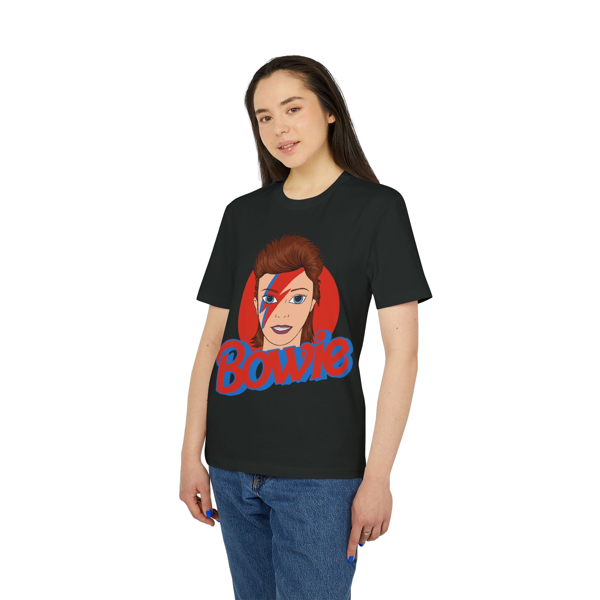 A woman models the "bowie - Organic T-Shirt," featuring a colorful graphic of David Bowie's face and the text "Bowie," against a plain white background.