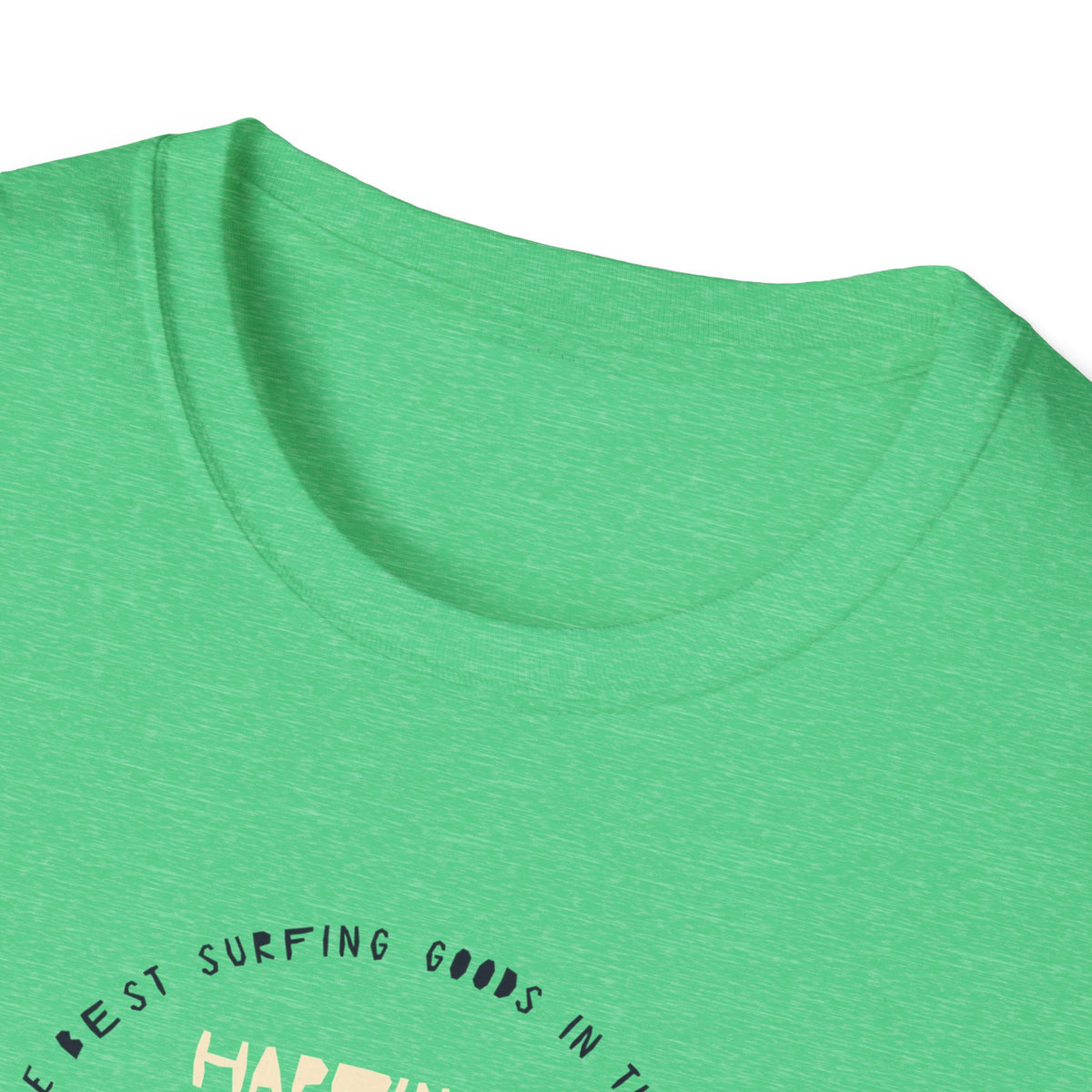 ‘Happiness Comes in Waves’ green tee, close-up of collar, blank front, gift for surfers