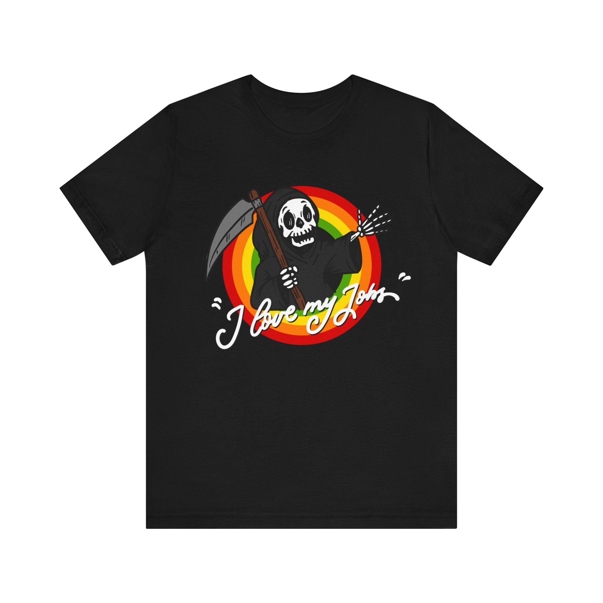 Black Love My Jobs T-shirt made from soft cotton, featuring a graphic of a smiling skull holding a scythe, surrounded by flames and the text "Love My Job.