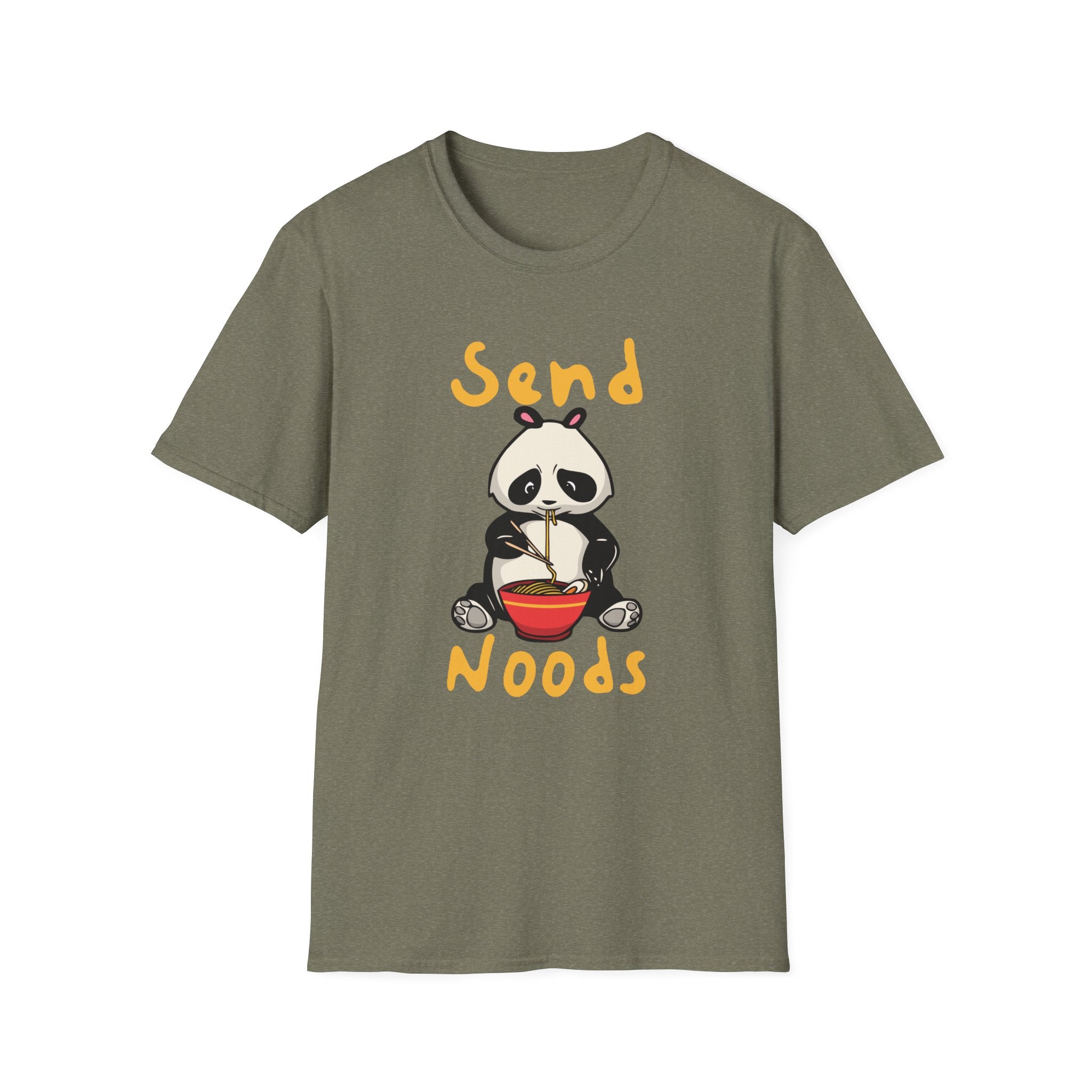 The Send Noods T-Shirt showcases a trendy fit with a playful panda graphic savoring noodles, accompanied by the humorous message "Send Noods" against a lively green backdrop.