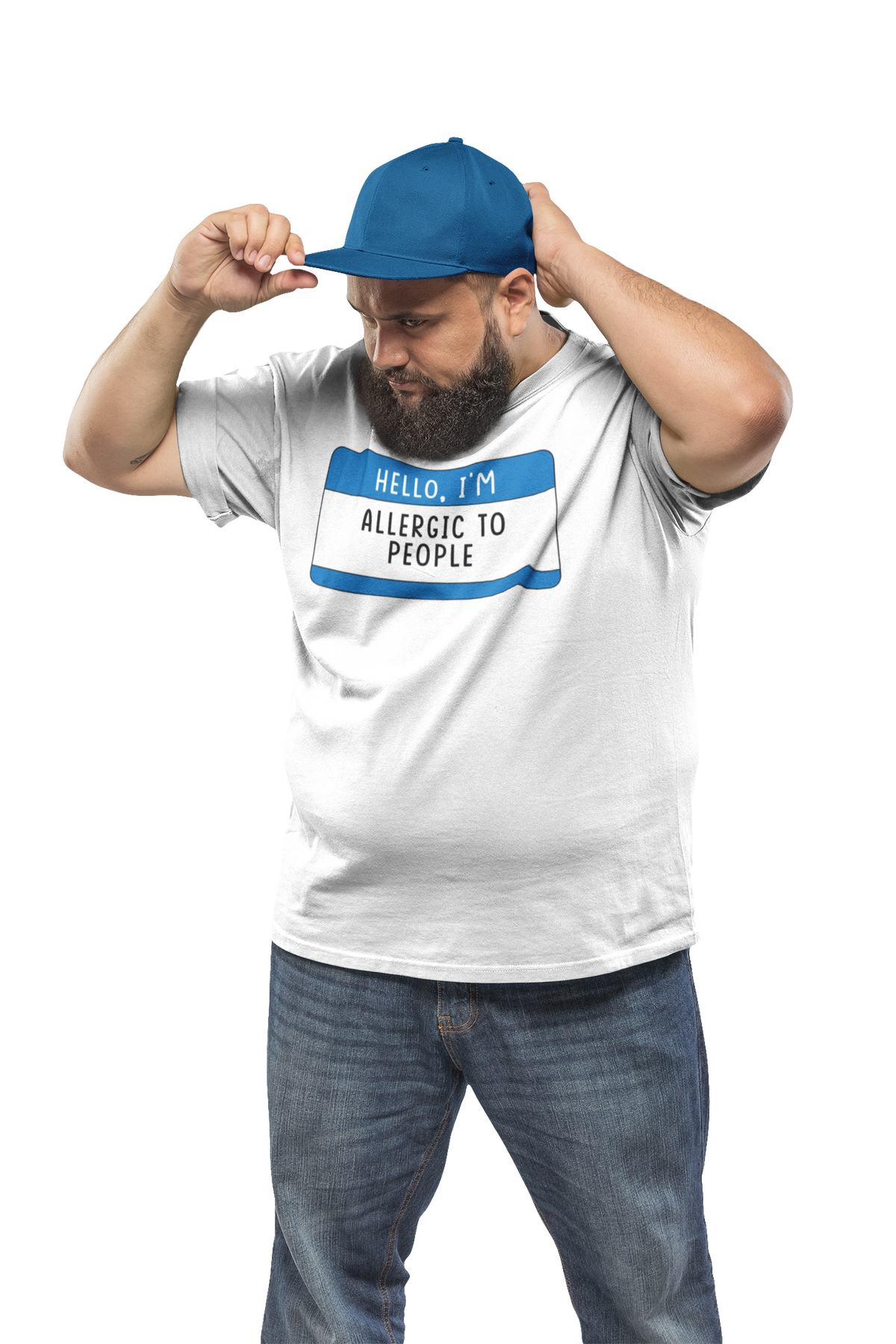Hello I'm Allergic to People T-shirt in white, bearded man adjusting cap, black background, gift tee