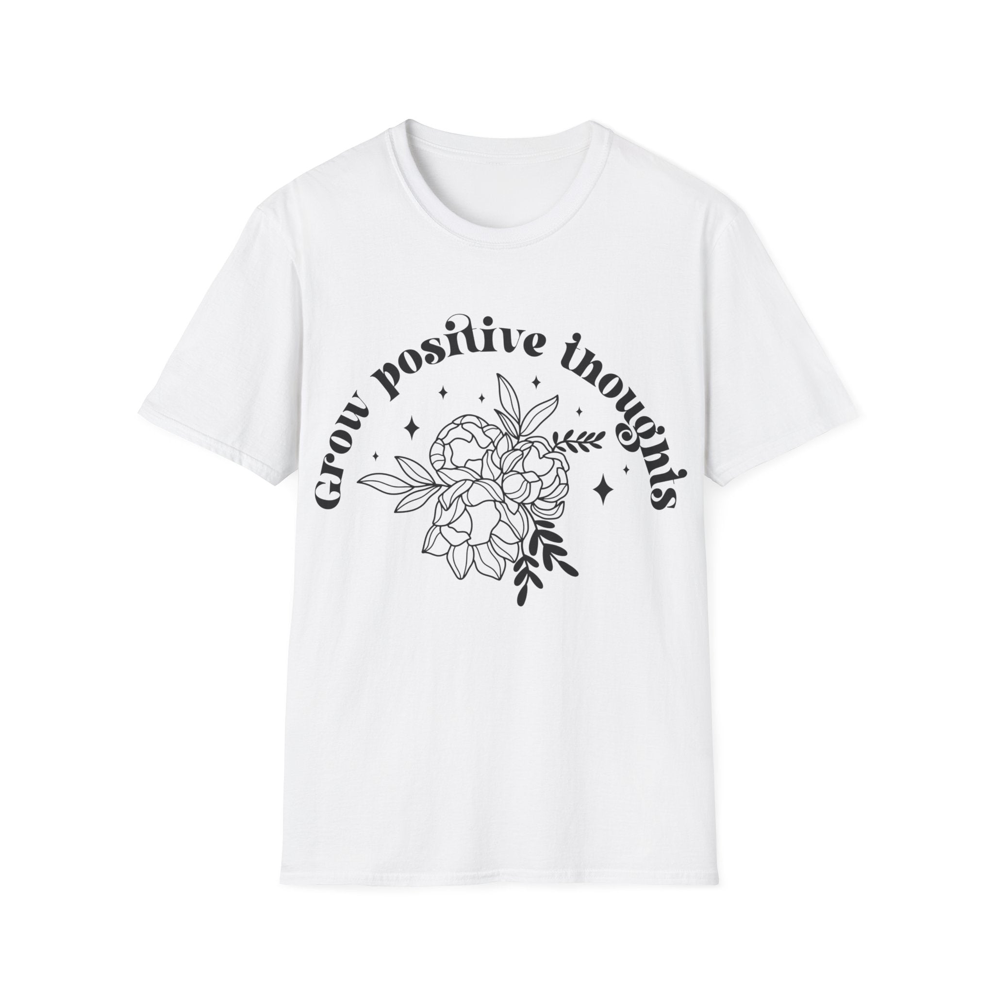 The Grow Positive Thoughts T-Shirt features a white design with black text above a floral and star motif, ideal for gamers relaxing post-marathon.