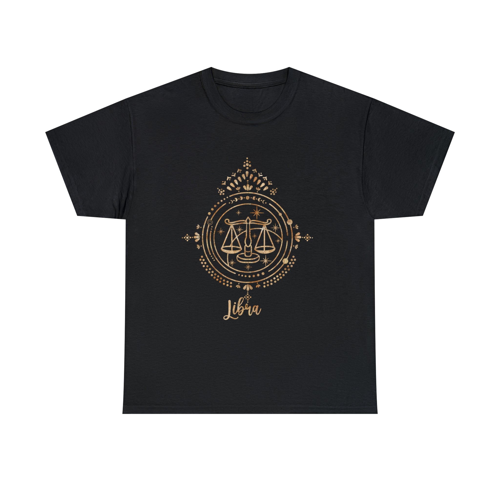 Embrace your geek style with the black Libra T-Shirt, showcasing a gold scales design in a circular border with dots and ornaments, plus "Libra" text below—perfect for nerd culture enthusiasts.