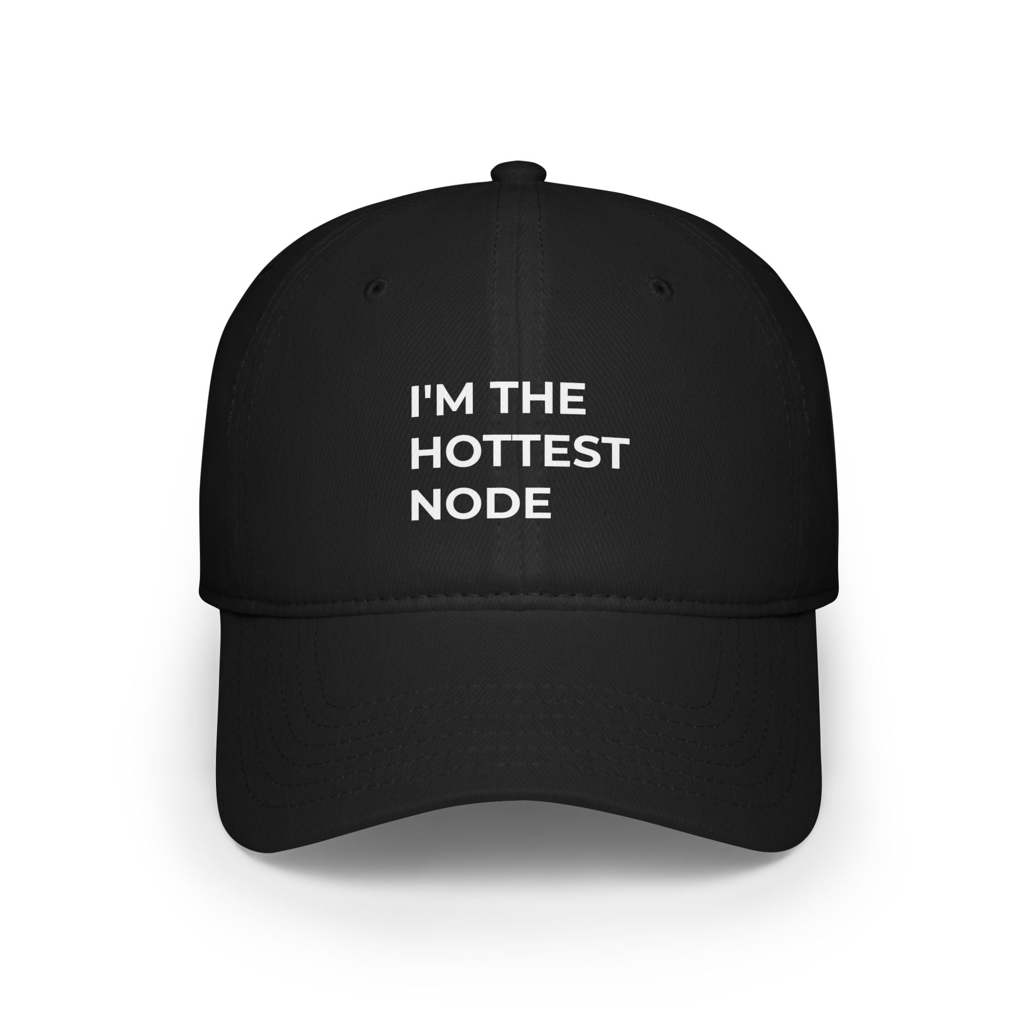 Crafted for both resilience and style, the "I'm The Hottest Node - Hat" is a sleek black baseball cap adorned with the striking phrase "I'm the hottest node" in clean white lettering on the front.