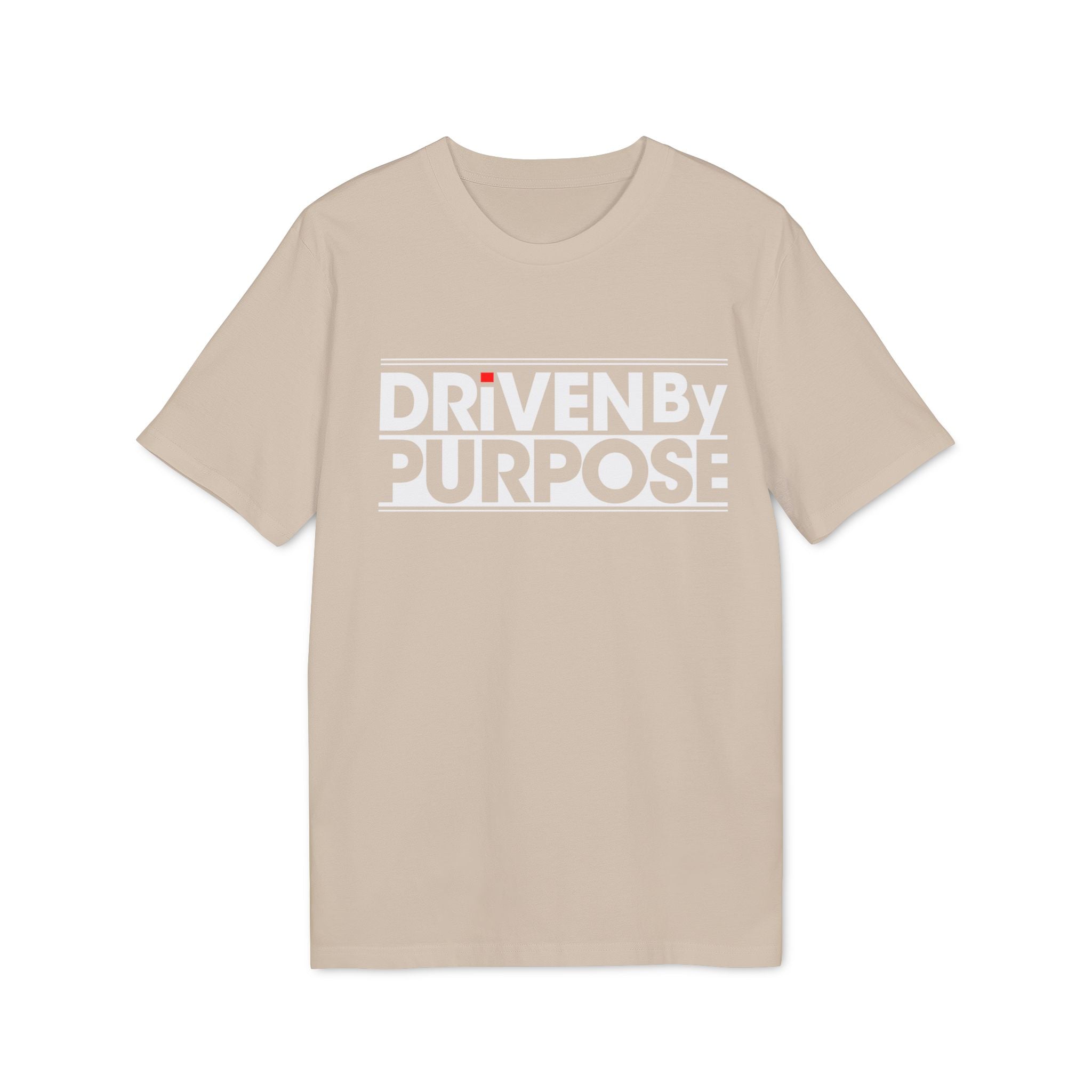 The Driven by purpose - Organic T-Shirt is a beige, eco-friendly tee featuring bold white "DRIVEN BY PURPOSE" text centered on the chest with a small red dot above the “I”—a standout essential for programmers.