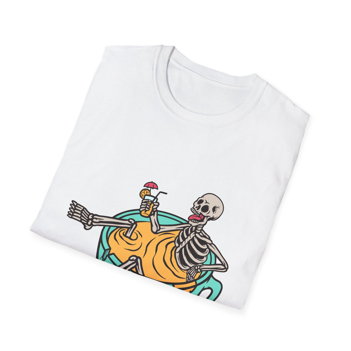 'Relaxing Skull' skeletons in a teacup print folded on white t-shirt, funny gift idea