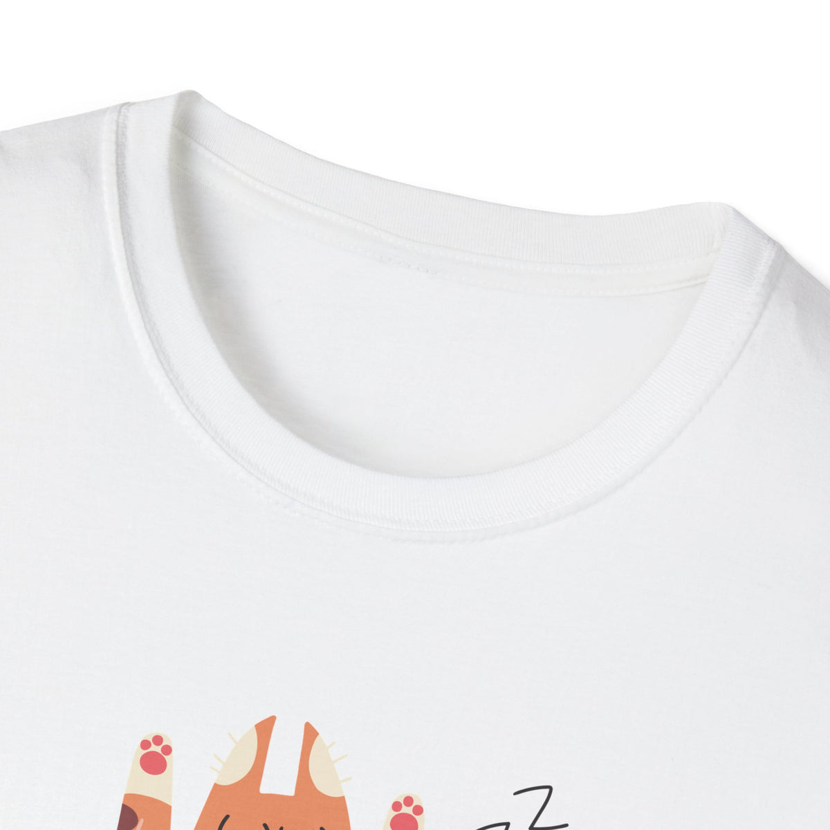 Close-up of You Make Me Go ZZZ sleepy cat print hem on white t-shirt, funny cat lover detail