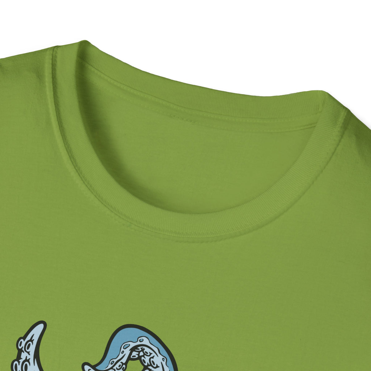 'Octopus Comes Out of the Bag' t-shirt in kiwi green, close-up of neckline and print, camping gift idea