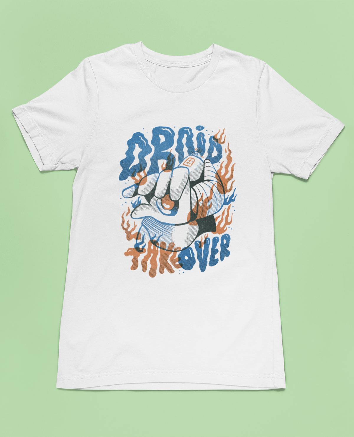 Droid Takes Over t-shirt in white, flat lay front view on a light green background