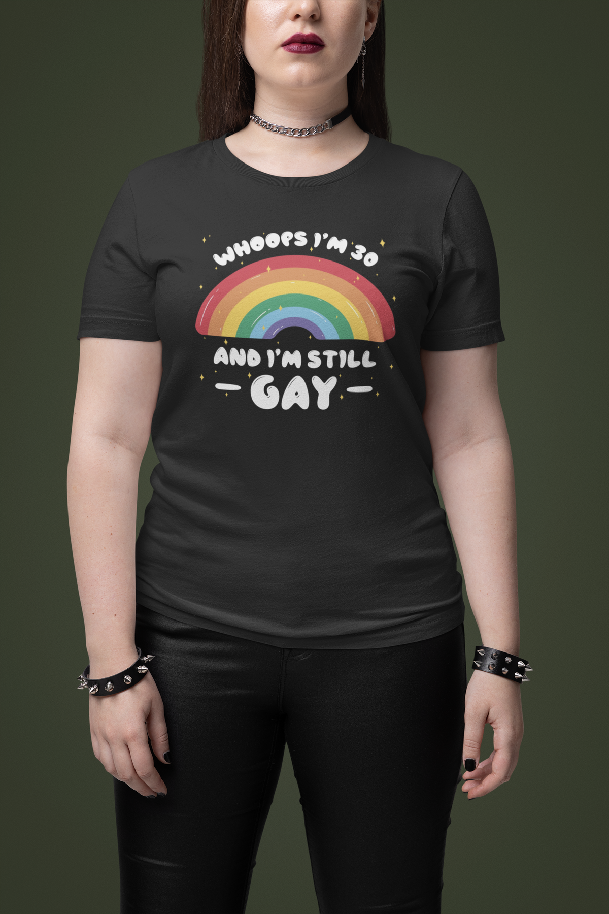 'Whoops I'm 30 and I'm Still Gay' T-shirt in black, woman wearing it, funny pride birthday gift
