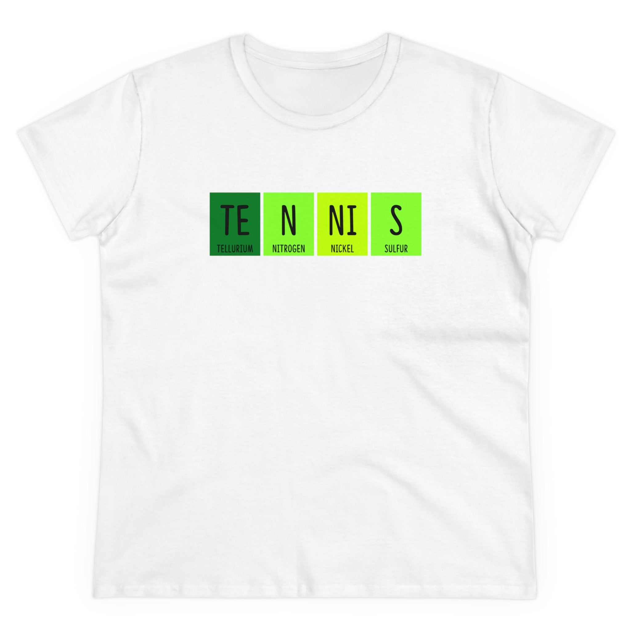 The TE-N-NI-S - Women's Tee features the word "TENNIS" crafted from chemical elements: Tellurium (Te), Nitrogen (N), Nickel (Ni), and Sulfur (S). Made from ethically grown US cotton for ultimate comfort.