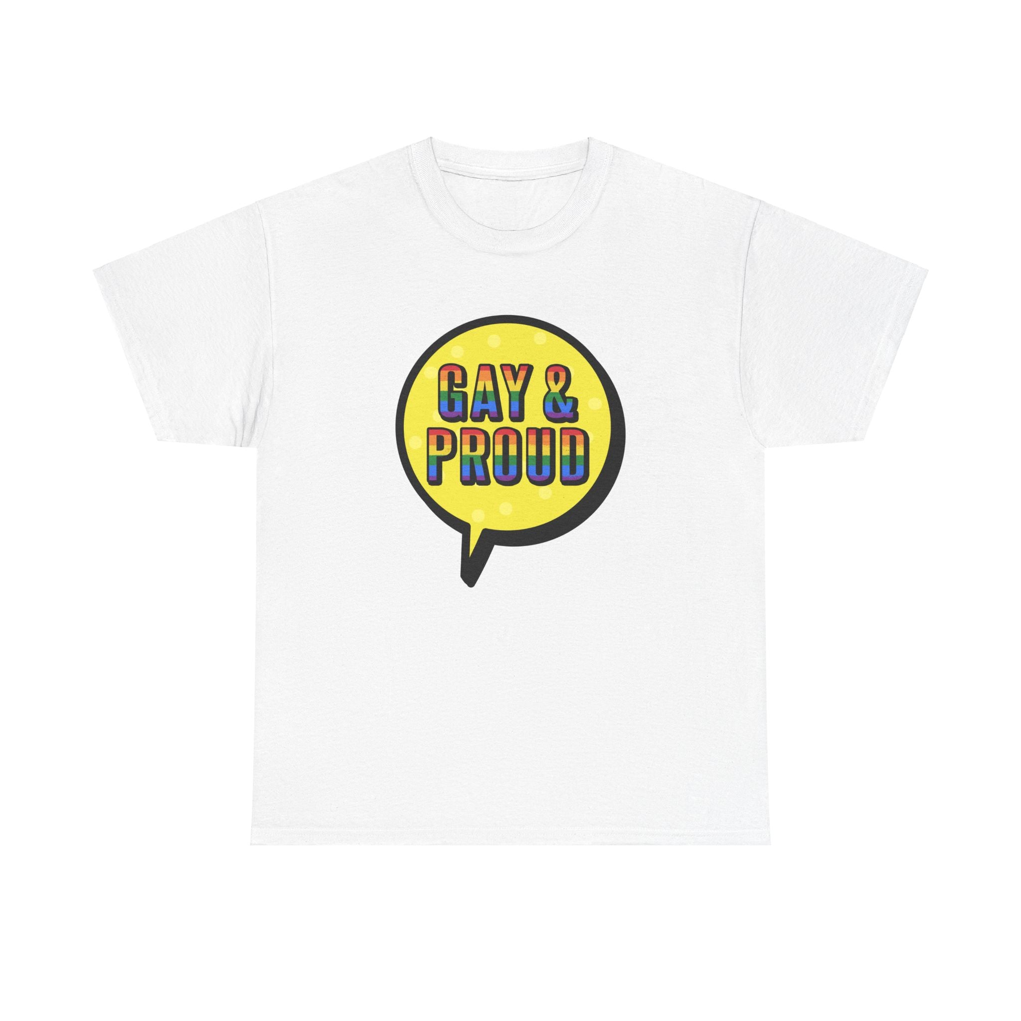 The Gay & Proud T-Shirt is a comfortable cotton tee ideal for everyday wear, showcasing a speech bubble with vibrant rainbow-colored text that reads "Gay & Proud.