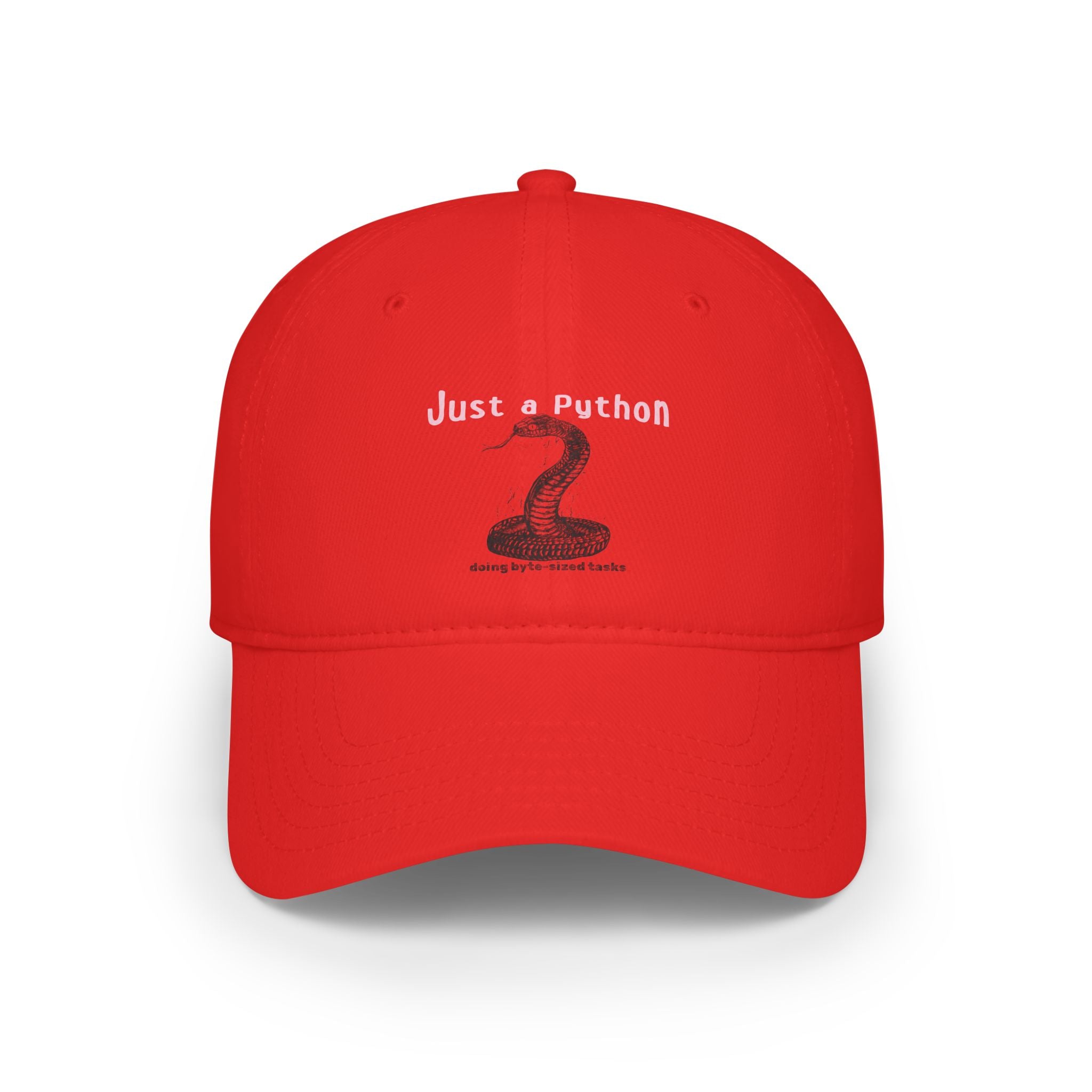 The "Just a Python - Hat" is a red cap featuring a snake graphic and the phrases "Just a Python" and "doing byte-sized tasks"—ideal nerdy apparel for tech humor fans.