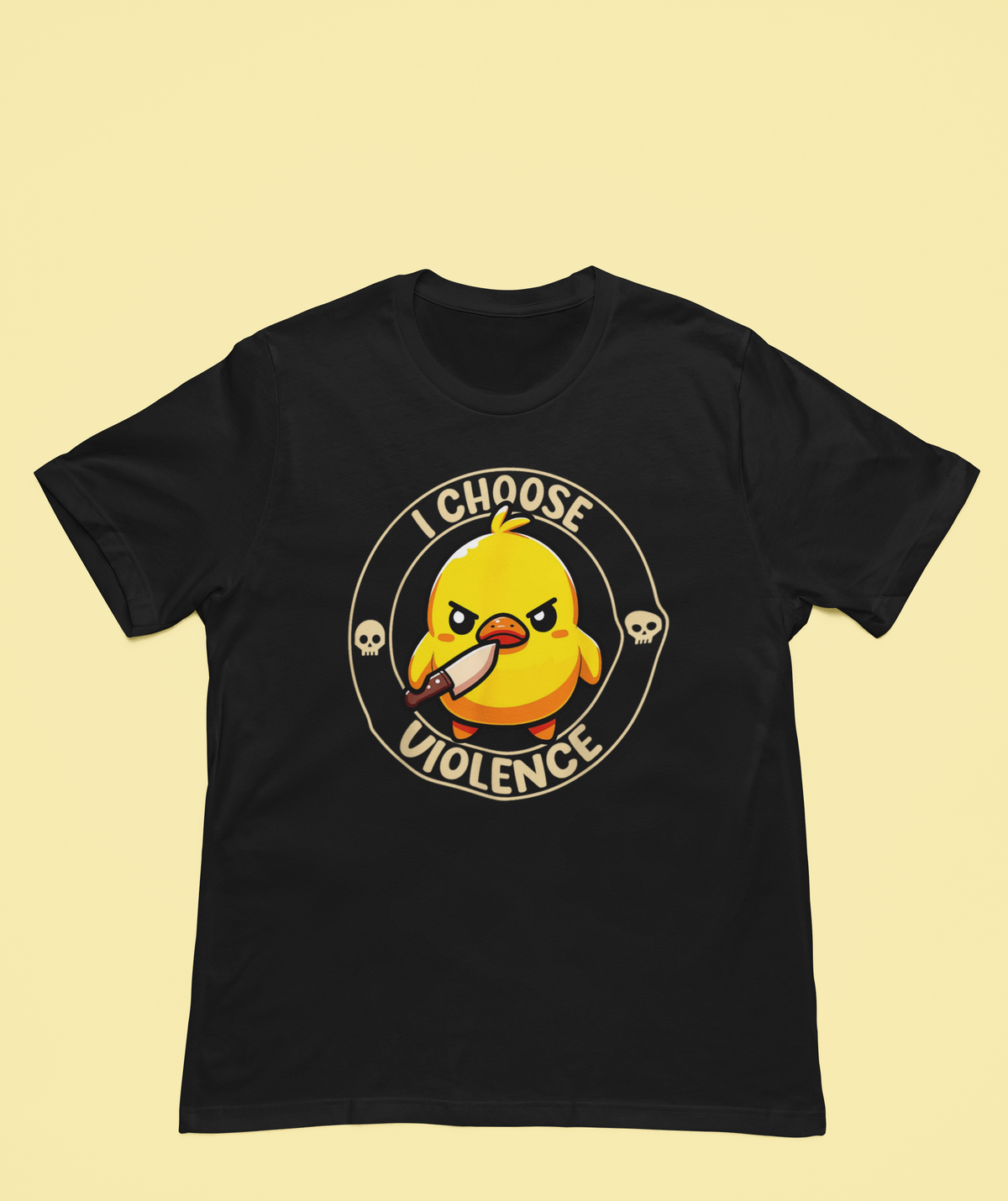 'I Choose Violence Duck' T-shirt in black, flat lay on a pale yellow background, funny meme tee