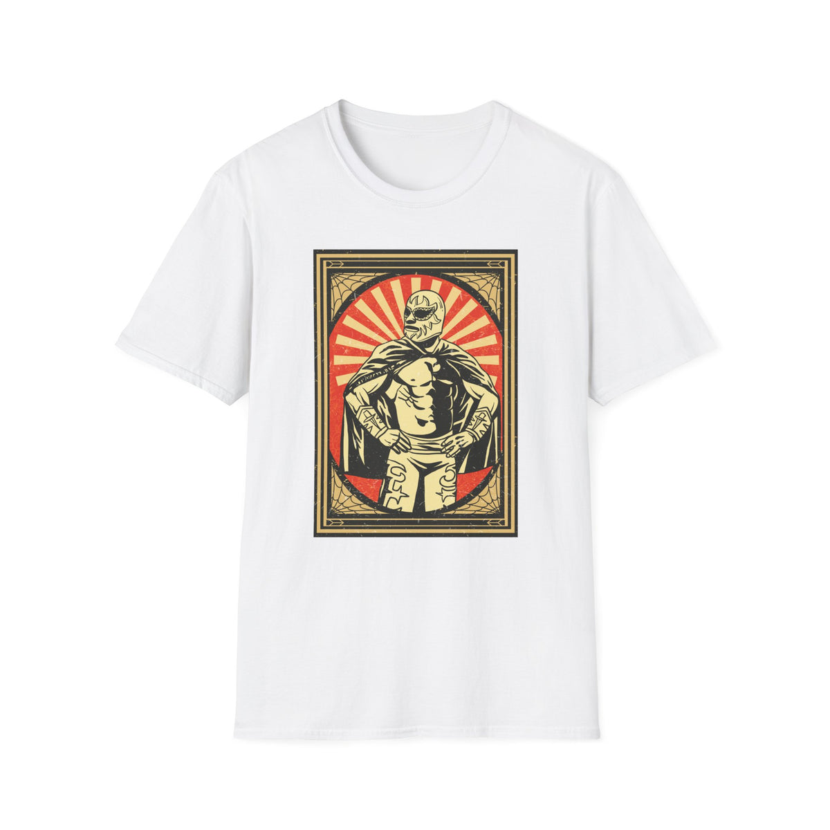 'Mexican Wrestler' retro poster t-shirt in white, flat lay front print visible, funny lucha libre gift
