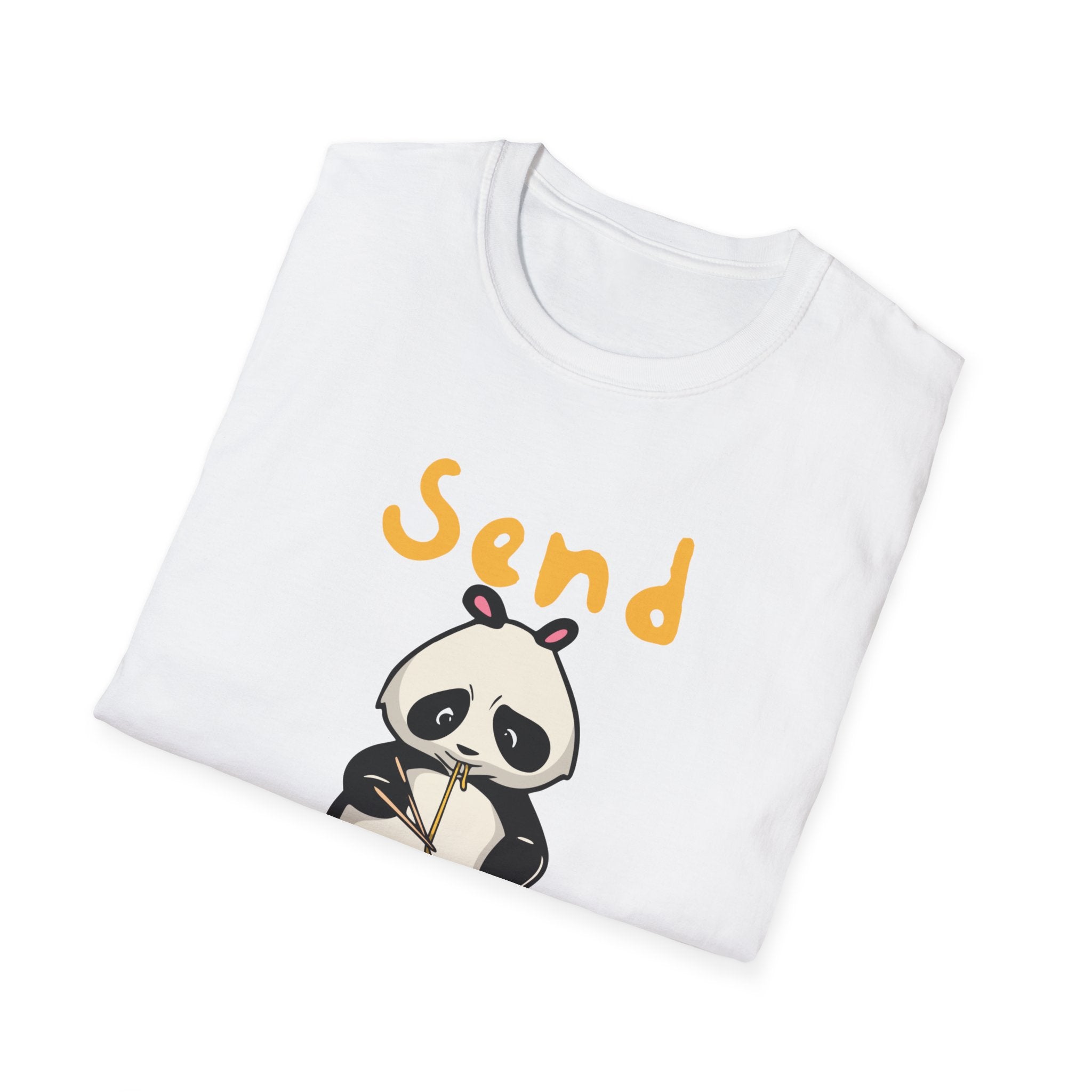 A trendy white t-shirt from the Send Noods collection, featuring a stylish panda design and "Send Noods" humorously printed in yellow text.