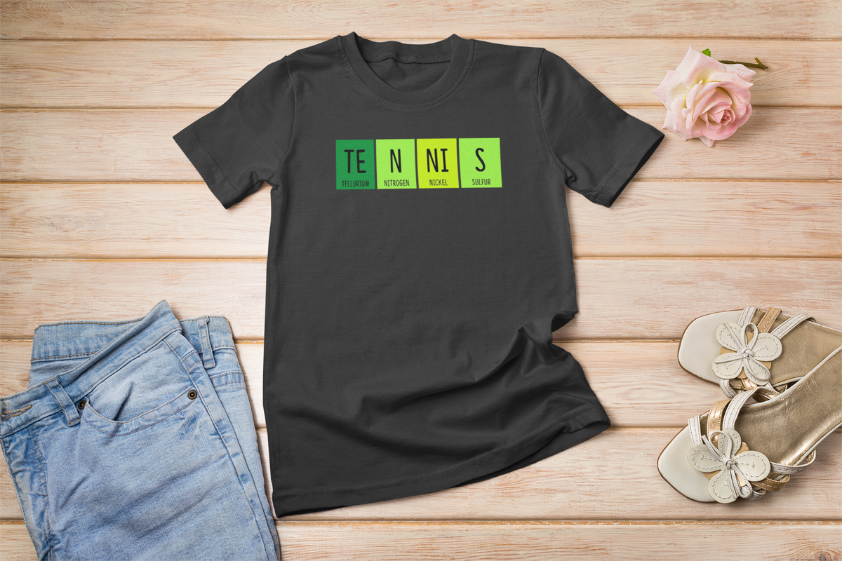 'Tennis' periodic table t-shirt in black, flat lay with flowers and sandals, funny science tennis player gift