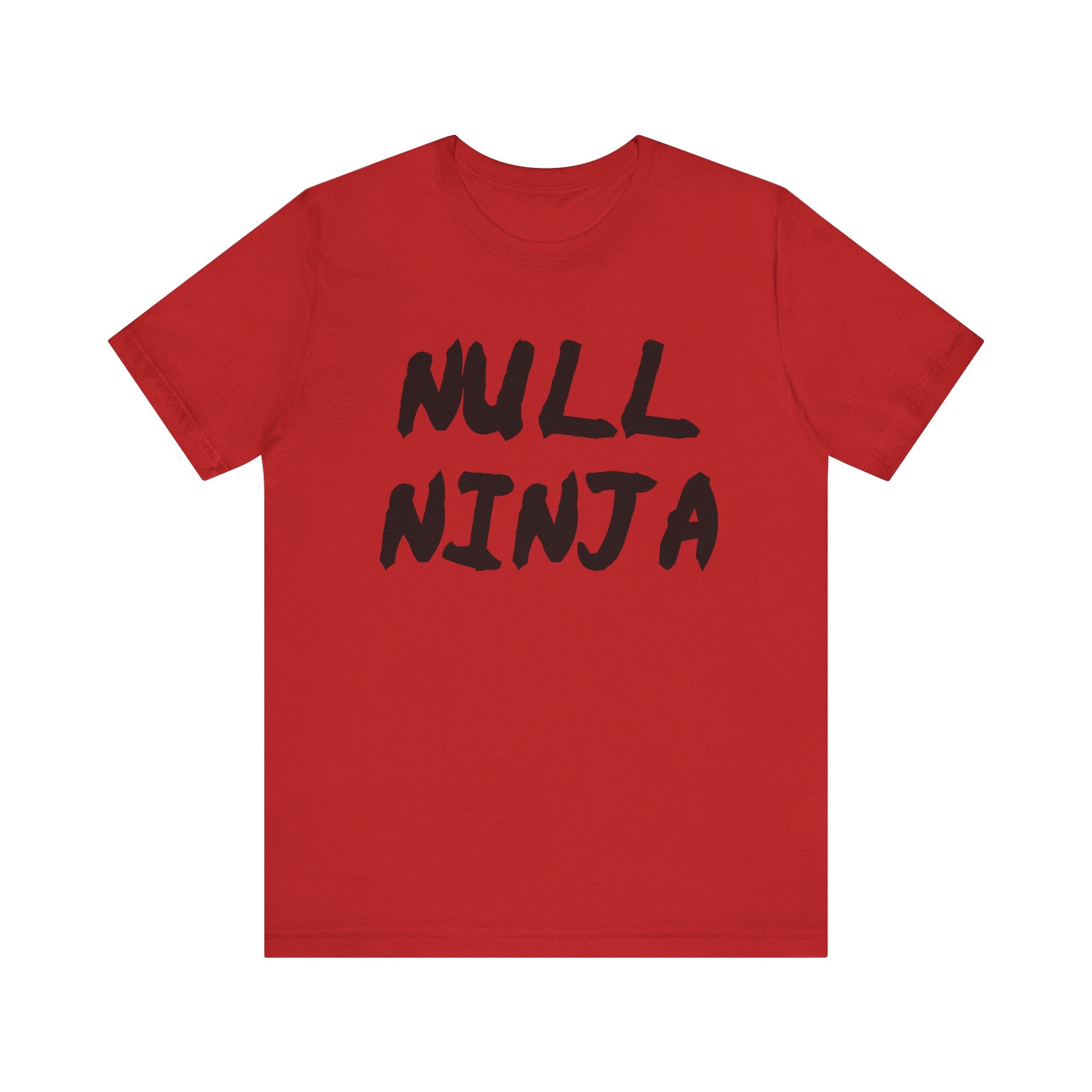 The red Null Ninja Tee Shirt, with "NULL NINJA" boldly printed in black, is essential for fans of nerd culture.