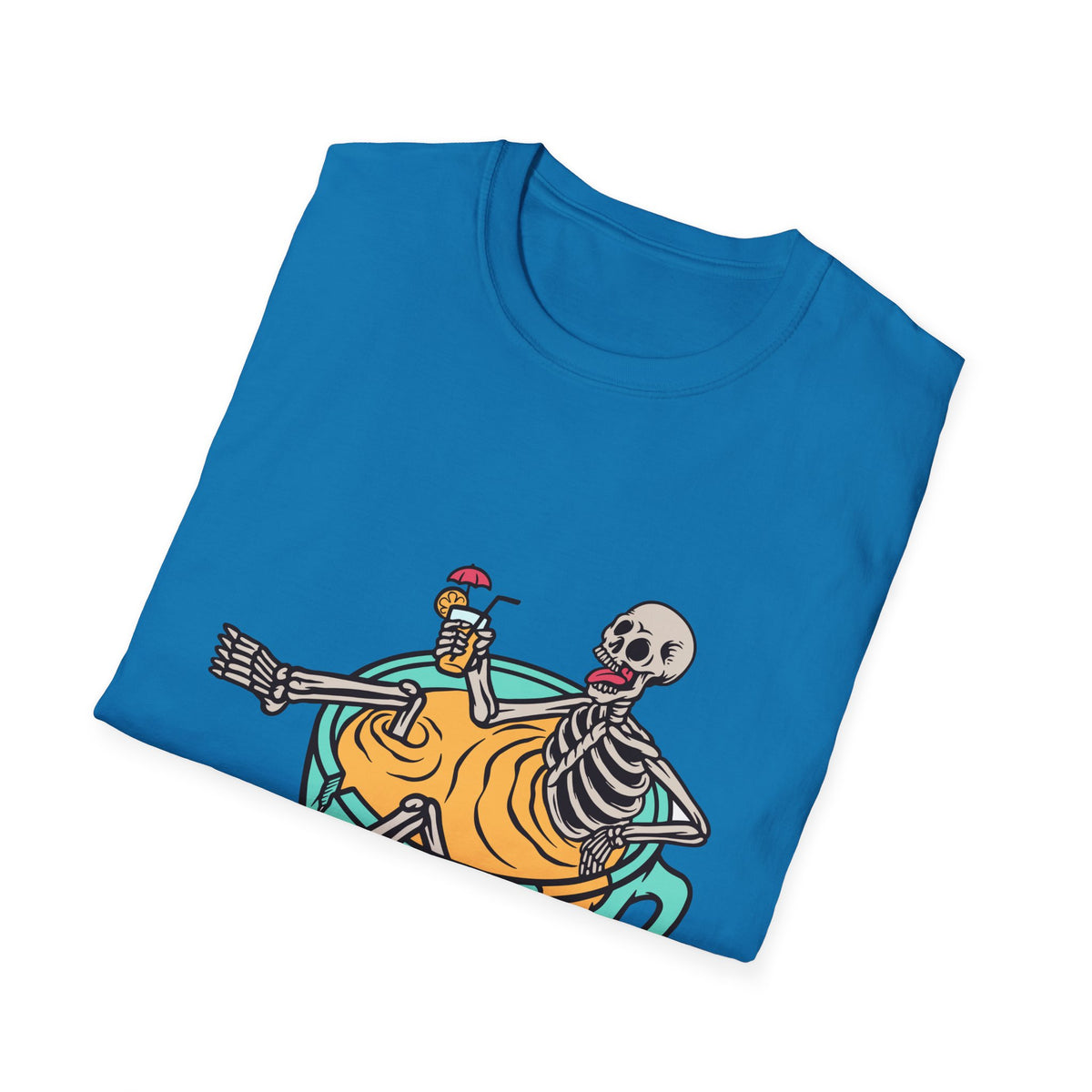 'Relaxing Skull' skeletons in a teacup print folded on blue t-shirt, funny coffee lover gift