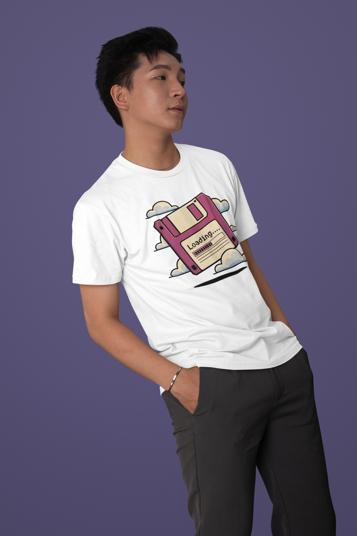 'Loading...' floppy disk T-Shirt in white, man posing on a purple backdrop, gift for developers