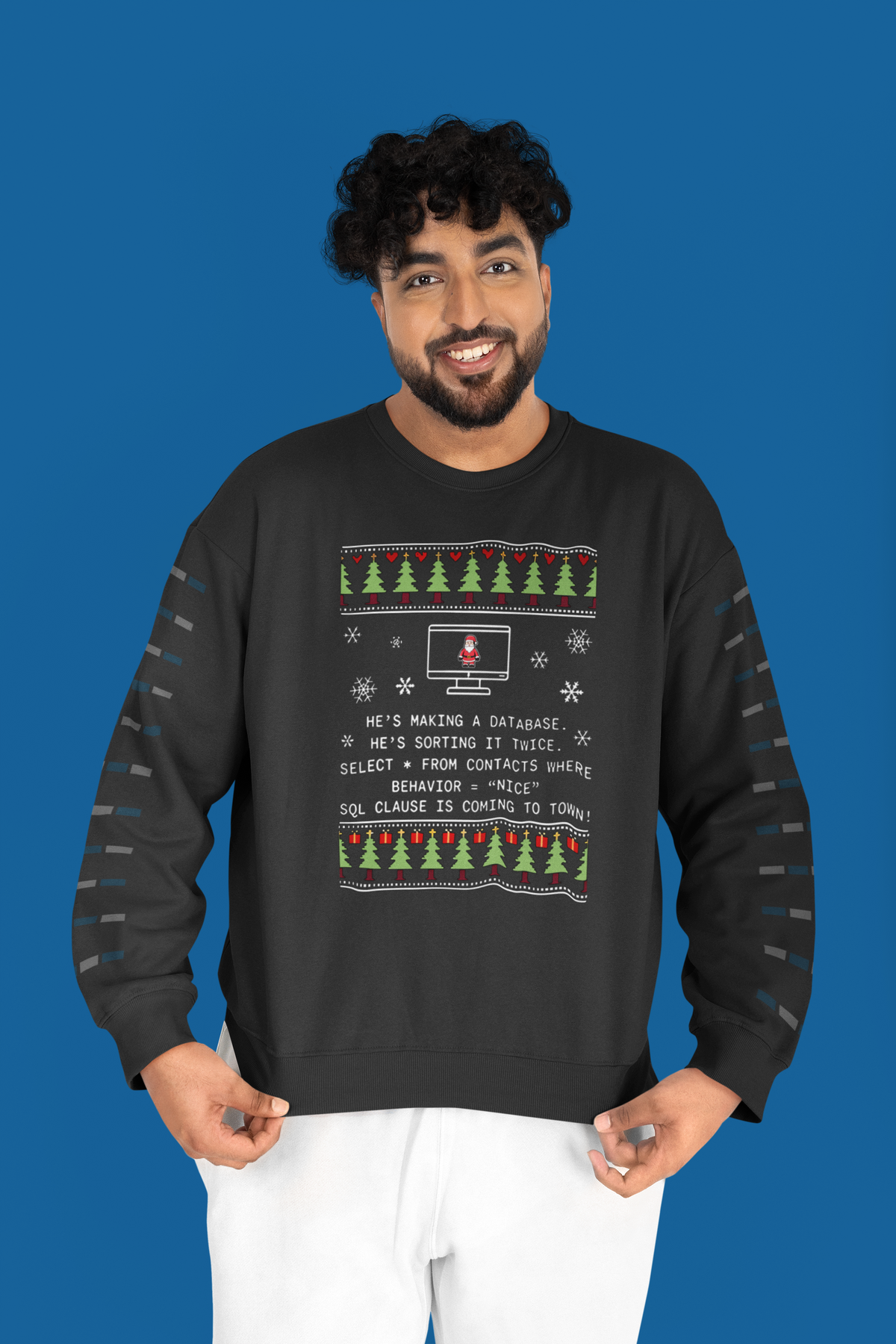 'SQL Santa Claus' ugly sweater sweatshirt in black, man wearing it, funny gift idea