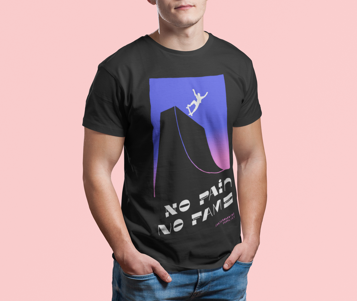 "No Pain No Gain" mountain climber t-shirt in black, man wearing it, motivational gym gift for lifters