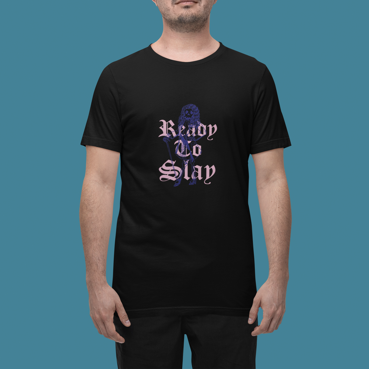 'Ready to Slay' t-shirt in black, man in a studio