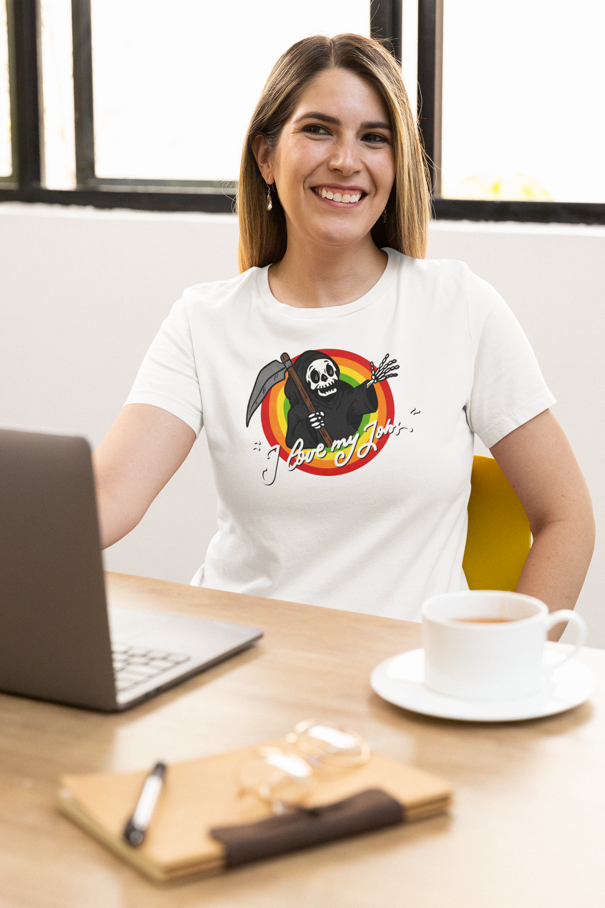 'I Love My Job' reaper t-shirt in white, woman at desk wearing it, funny office humor tee