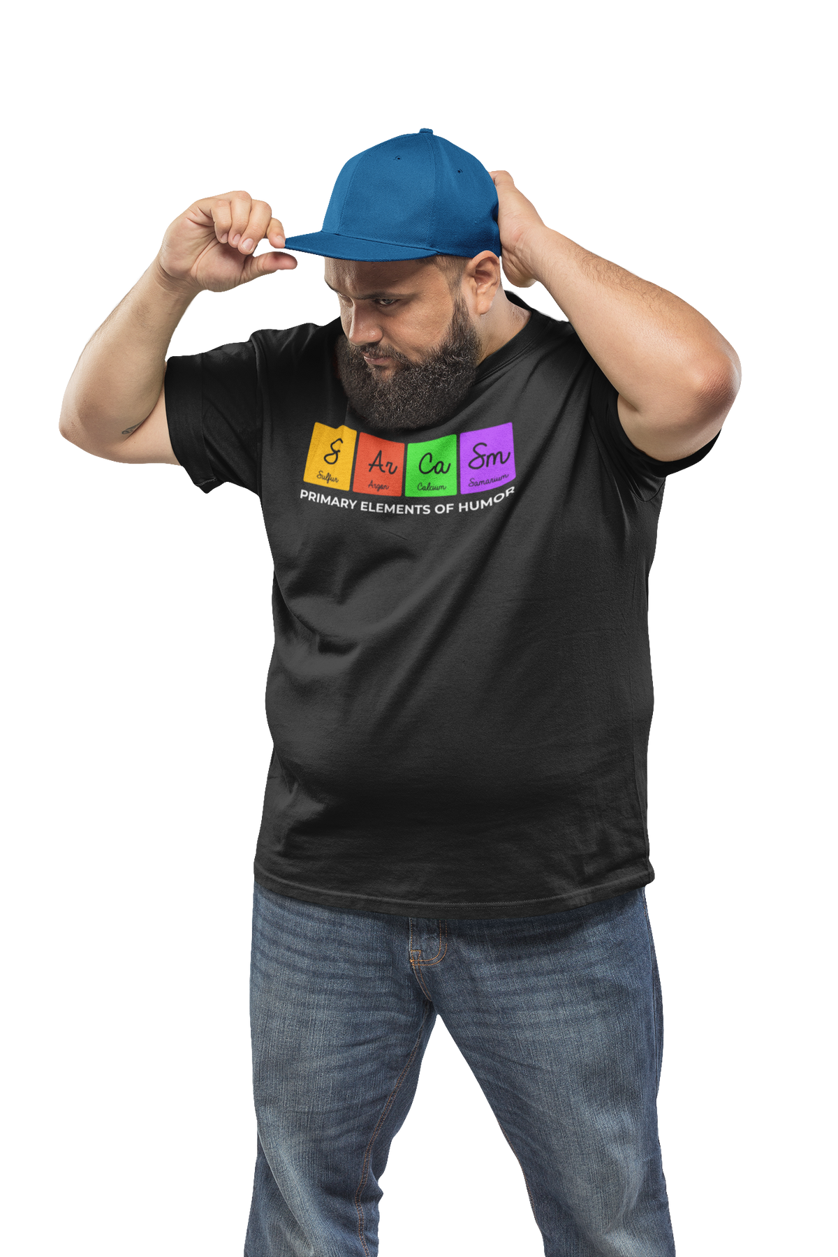 'Sarcasm, Primary Elements of Humor' periodic table t-shirt in black, man wearing a cap, funny science pun tee