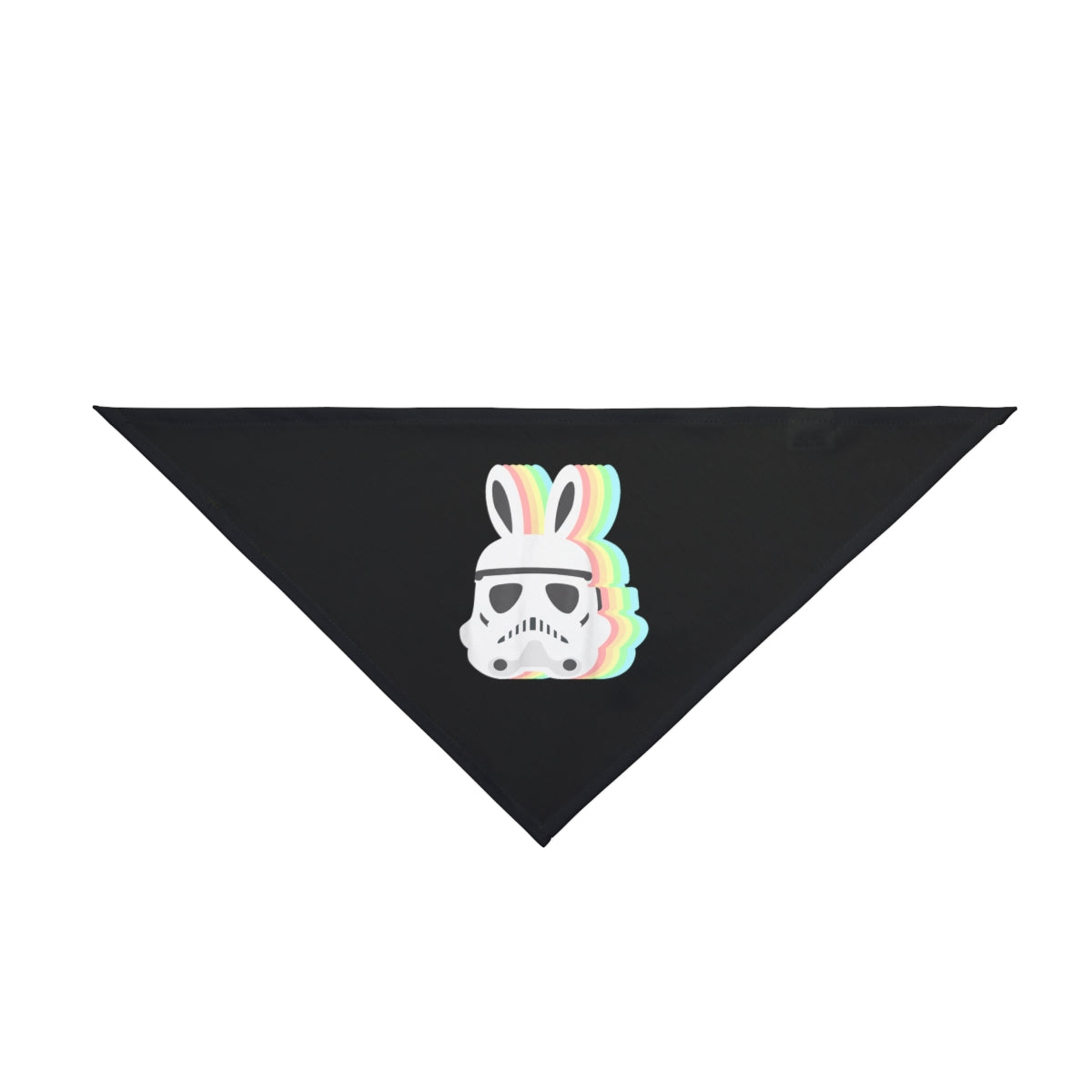 The Star Wars Easter Stormtrooper Pet Bandana features a black, triangular design with a Stormtrooper helmet and colorful bunny ears—ideal for accessorizing your nerdy pet or adding fandom flair to their look.