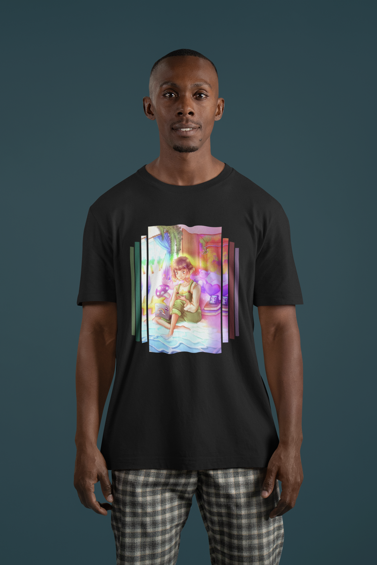 Room Pride T-shirt in black, man wearing it against a teal backdrop, funny gift for pride month