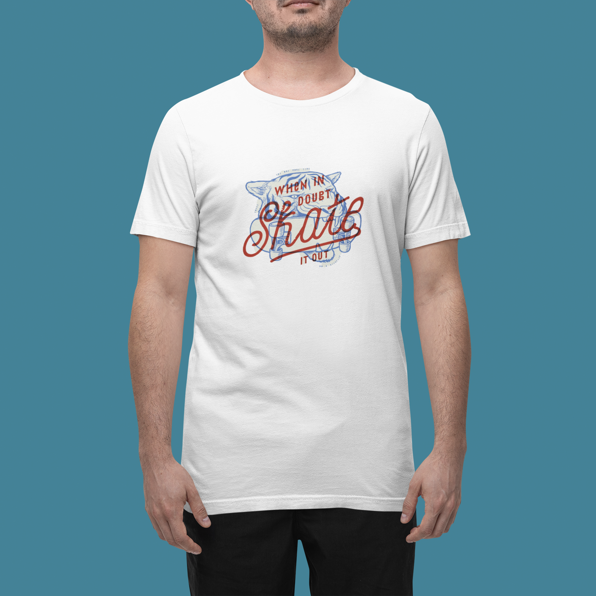 'When in Doubt Skate It Off' t-shirt in white, man wearing it in a studio, T-Shirt mockup, Geekpsters