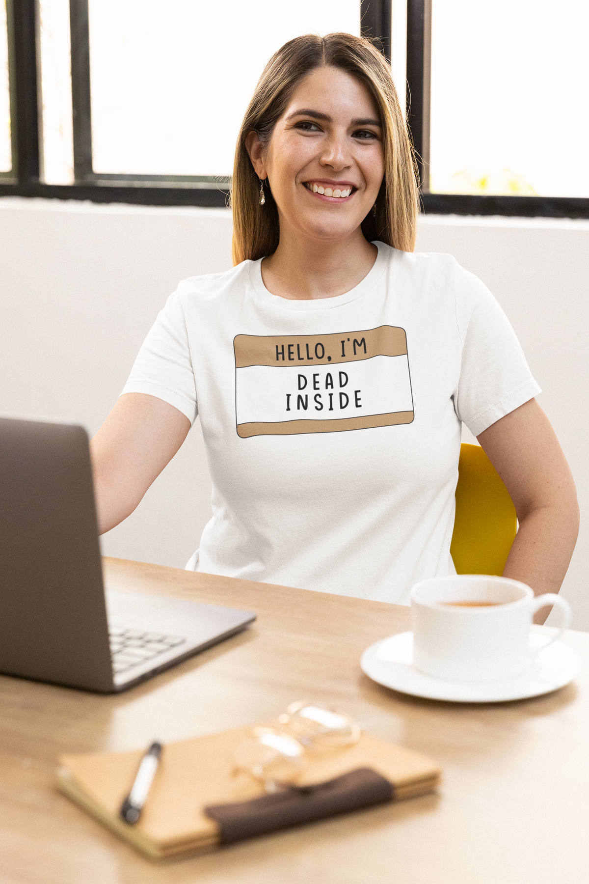 Model wearing Hello I'm Dead Inside t-shirt front view | Geekpsters