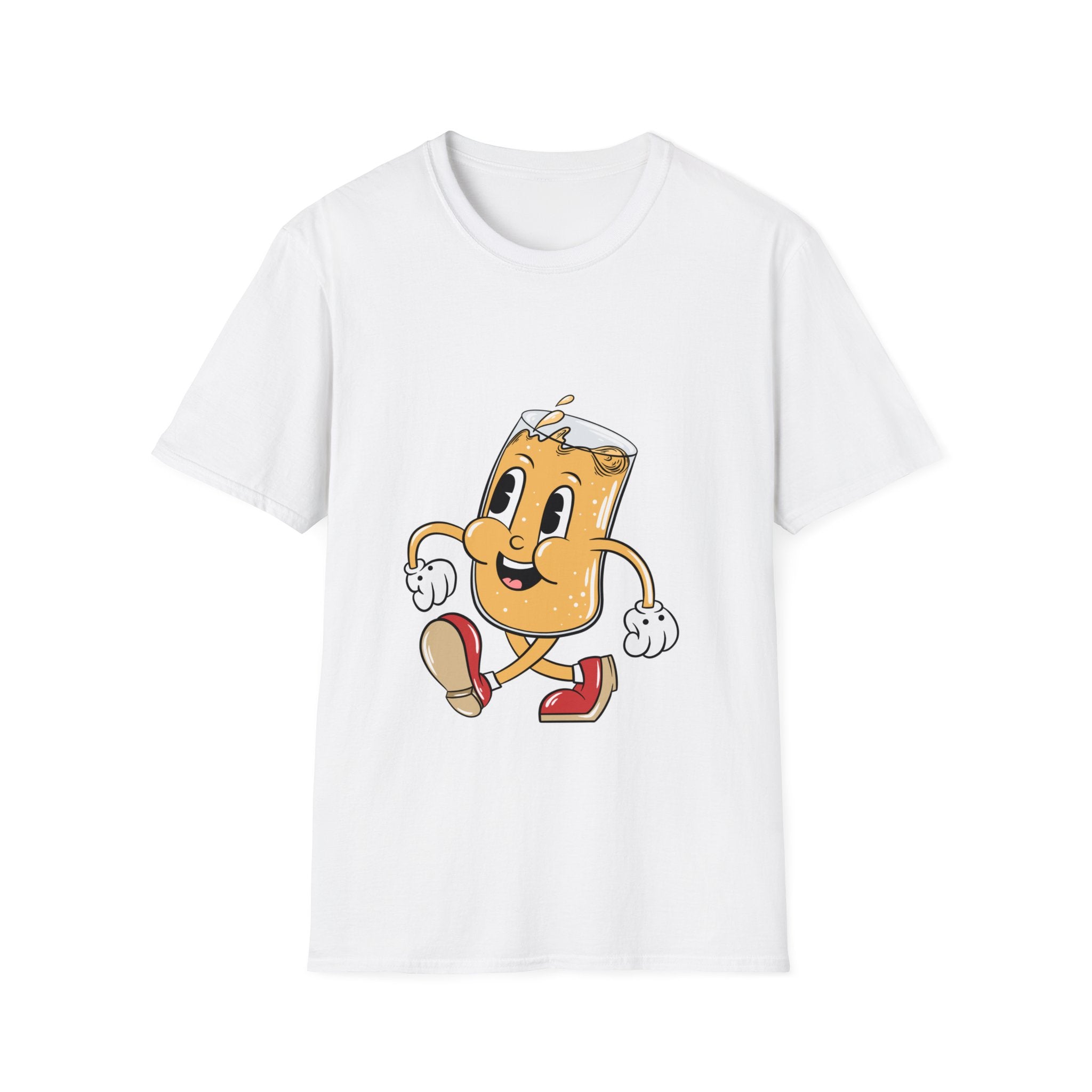 White "Cartoon Beer" T-shirt showcasing a cartoon illustration of a walking glass of orange juice with a smiling face, gloves, and red shoes—a perfect gifting idea for those who appreciate a fun touch at their home bar.