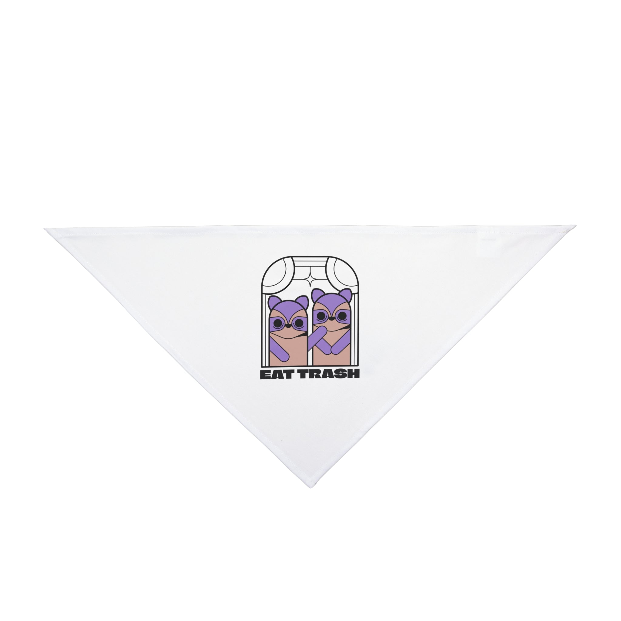 The Eat Trush - Pet Bandana is a white triangle bandana featuring two raccoons in a trash can with "EAT TRASH" text—a playful, nerdy accessory to match your favorite Geek T-Shirt.