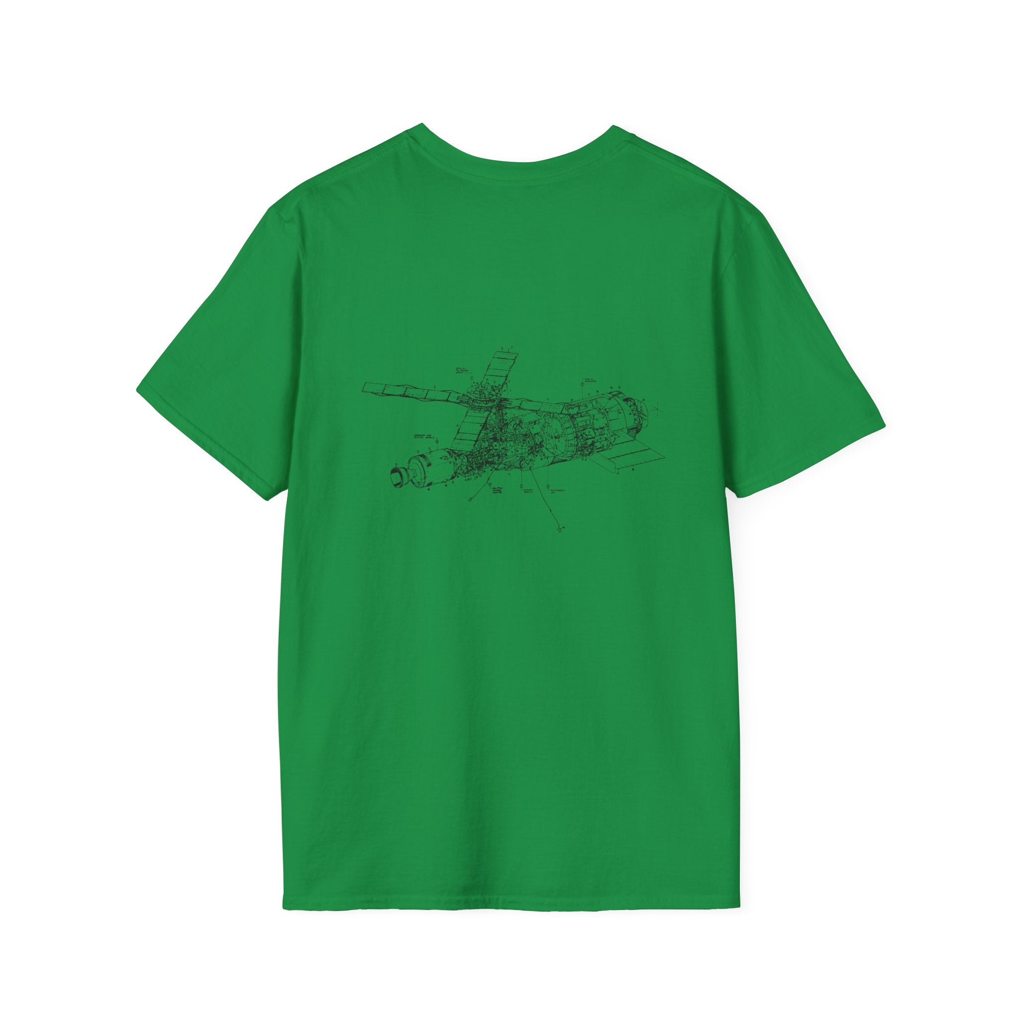 The Deep Deep Space T-Shirt is a green tee featuring a technical blueprint illustration of a spacecraft on the back, ideal for the Cosmic Geek T-Shirt collection.