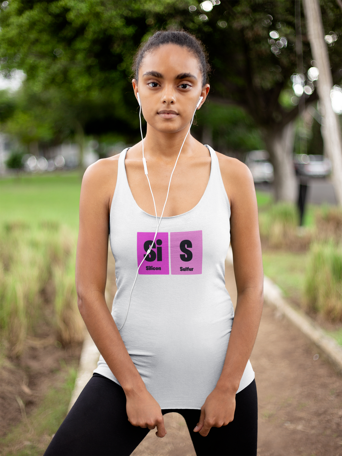 'Si-S Periodic Table Women's Tank' in white, woman in a park, Tank Top mockup, Geekpsters