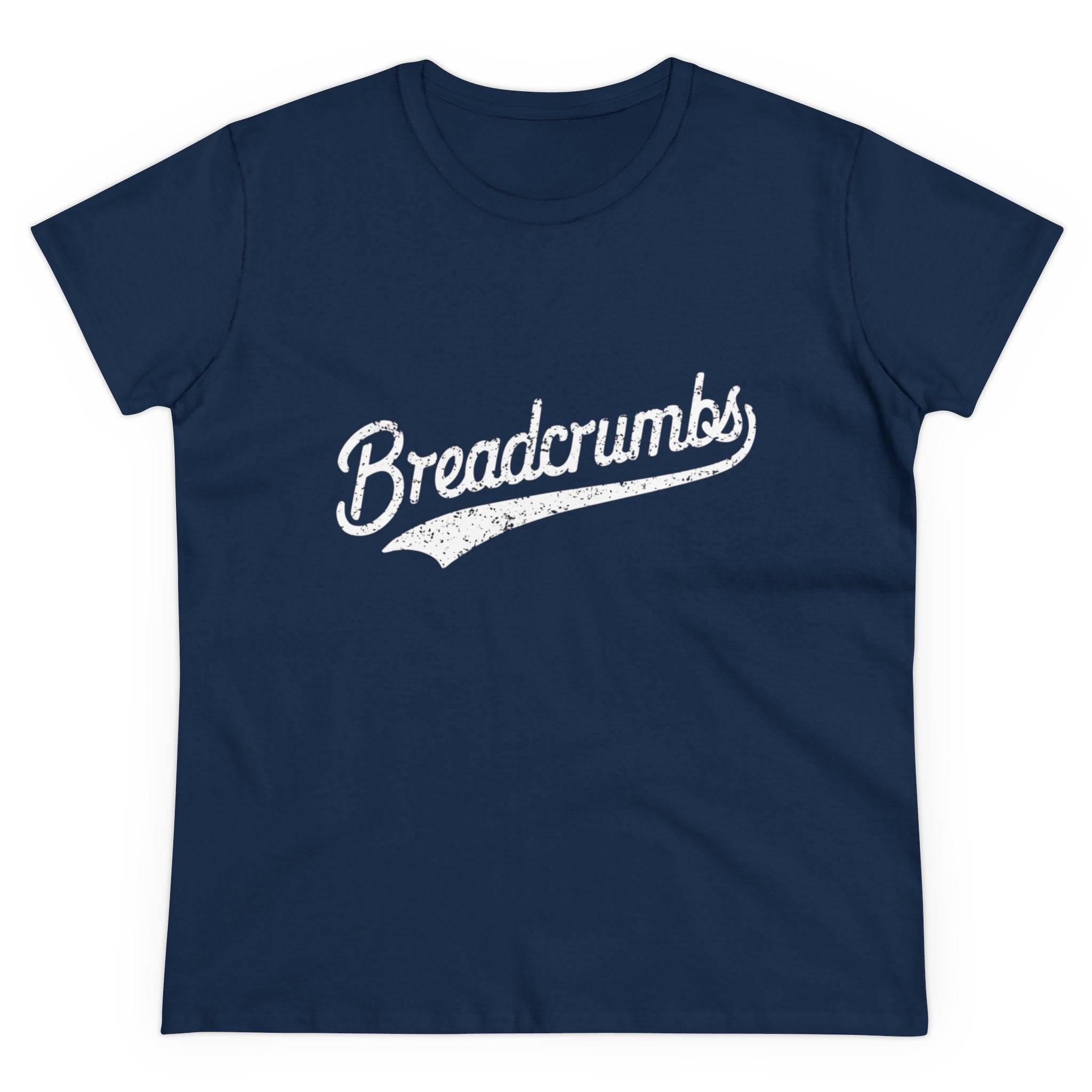 Introducing the Breadcrumbs - Women's Tee in navy blue, featuring a semi-fitted design with "Breadcrumbs" elegantly written in white cursive text across the chest. Crafted from soft cotton for ultimate comfort.