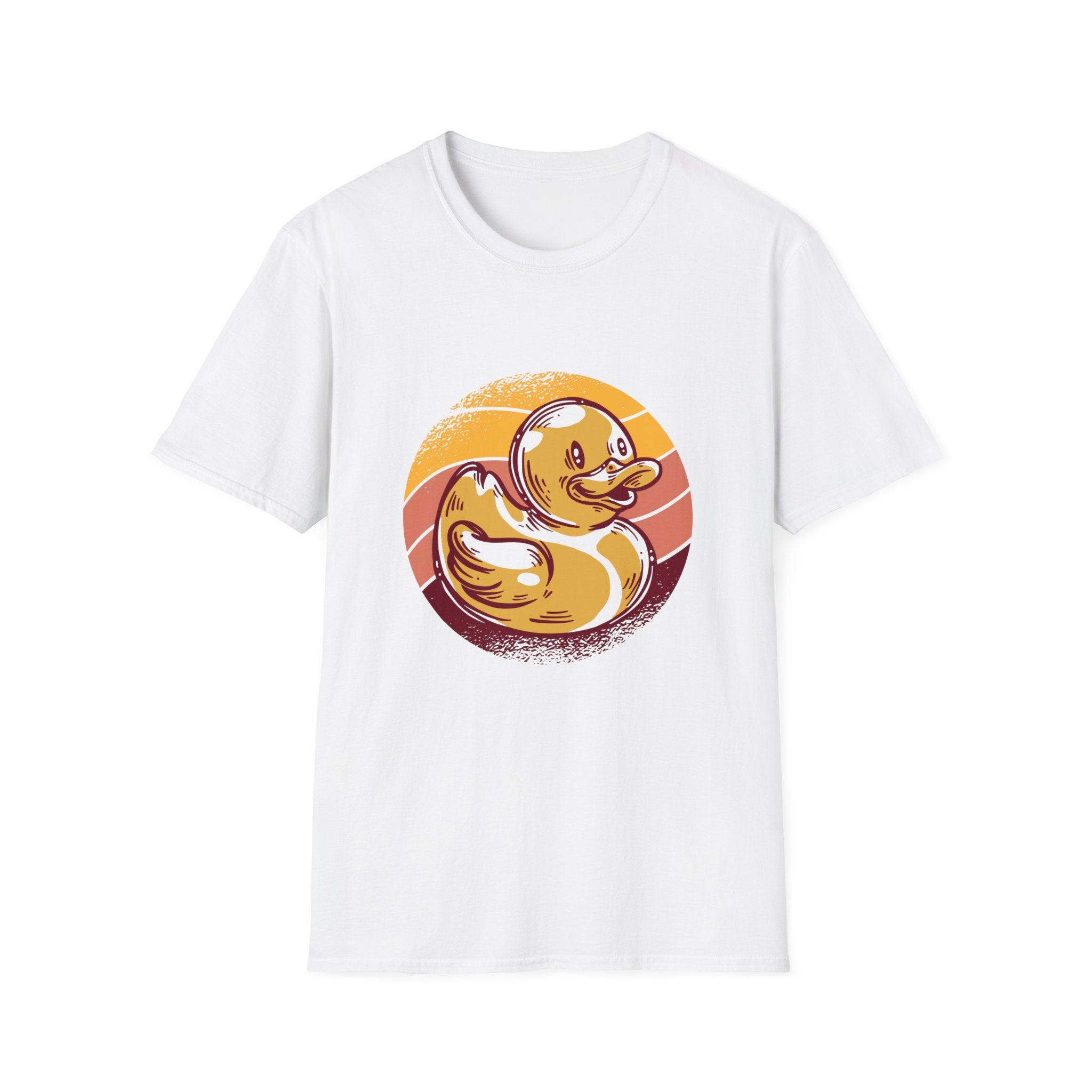 Presenting the Vintage Duck T-Shirt: a white shirt featuring a charming rubber duck against an orange and pink sunset, ideal for those who love blending geek and nerd culture with style.