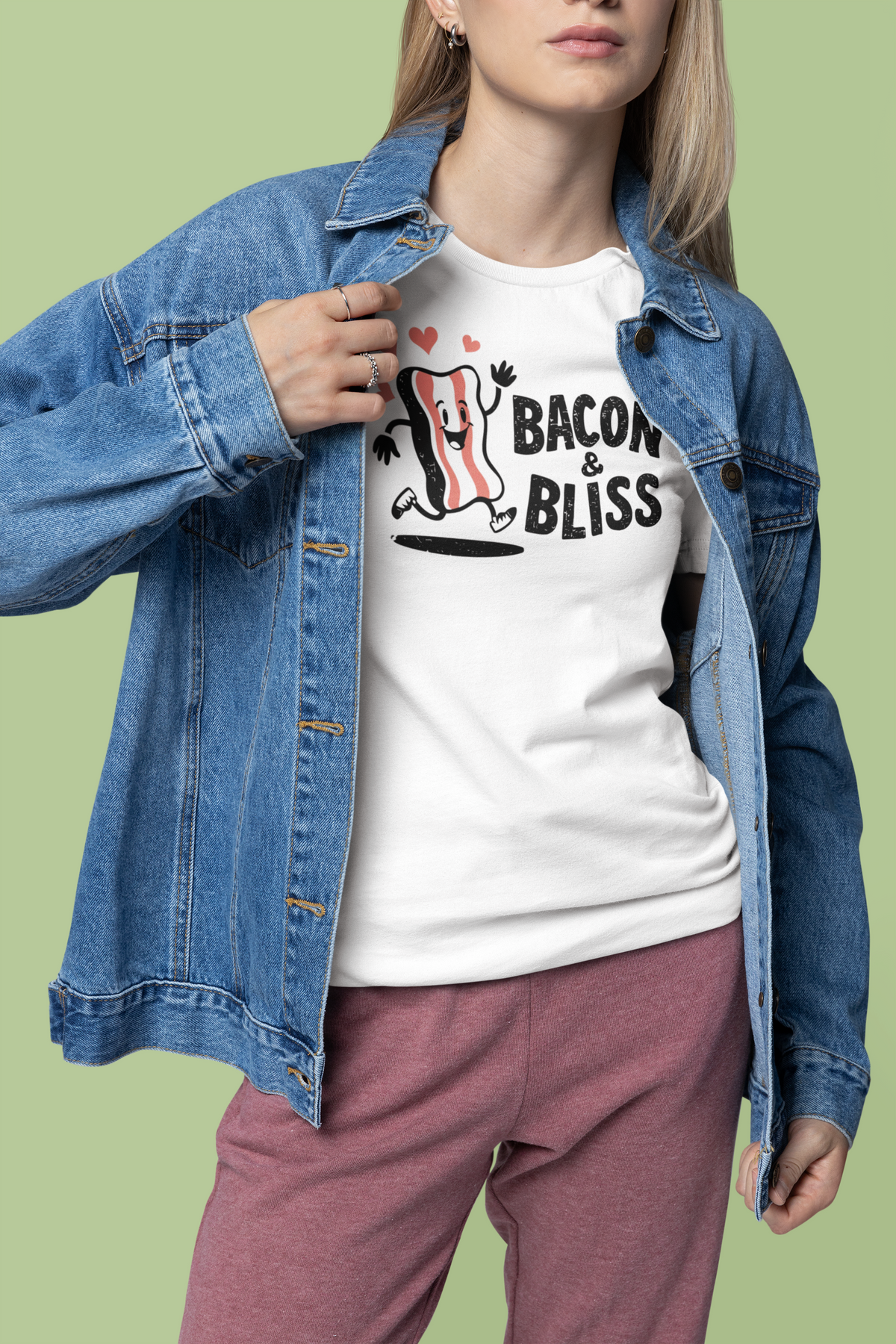 'Bacon & Bliss' t-shirt in white, woman wearing it under denim jacket, funny foodie t-shirt gift