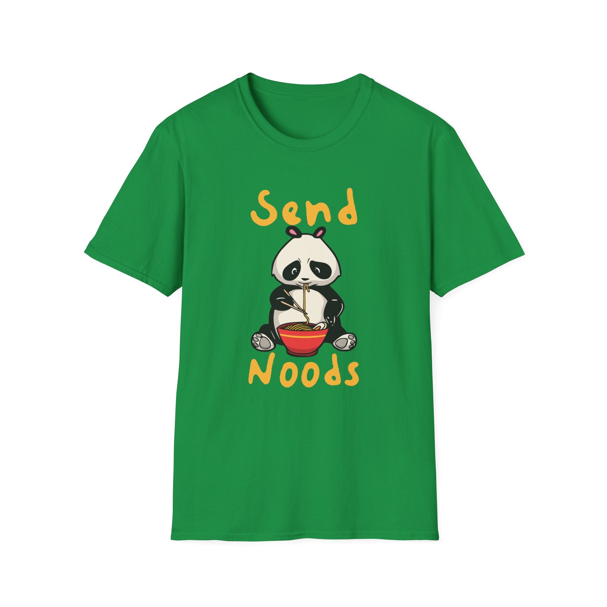 This trendy green t-shirt, known as the "Send Noods T-Shirt," showcases a cartoon panda holding a bowl of noodles alongside the humorous phrase "Send Noods.