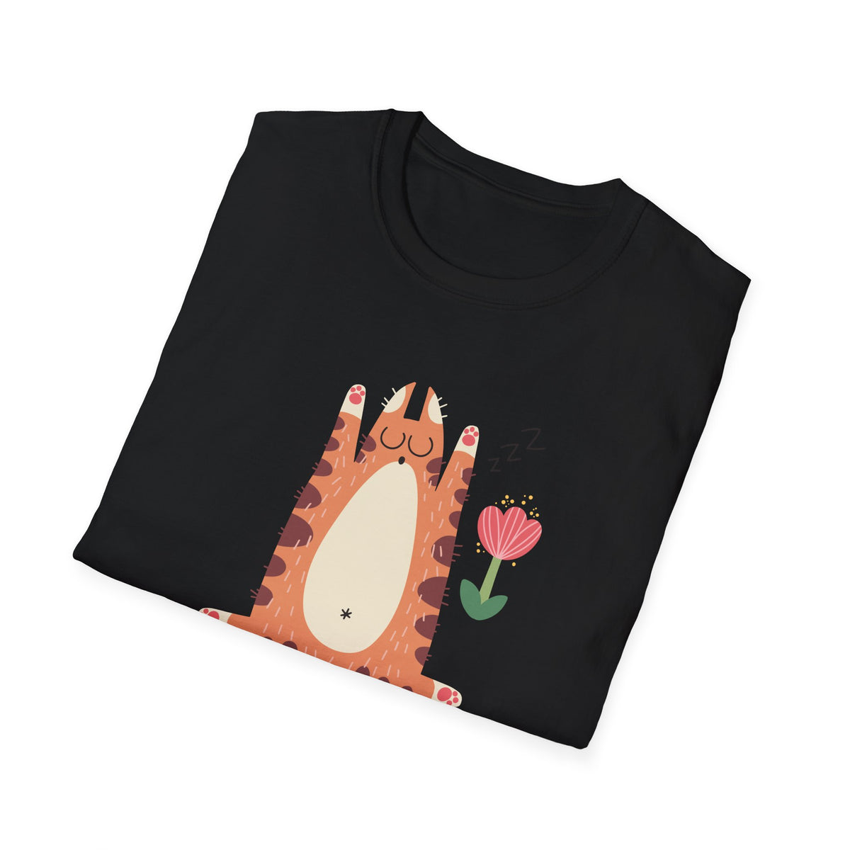 "You Make Me Go ZZZ" sleepy cat t-shirt in black, folded flat lay, funny gift for cat lovers