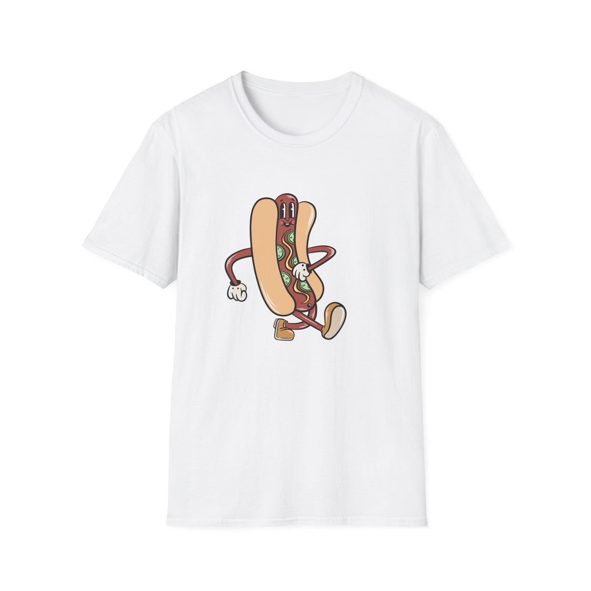 Hotdog Cartoon t-shirt in white, flat lay front print, funny food lover gift