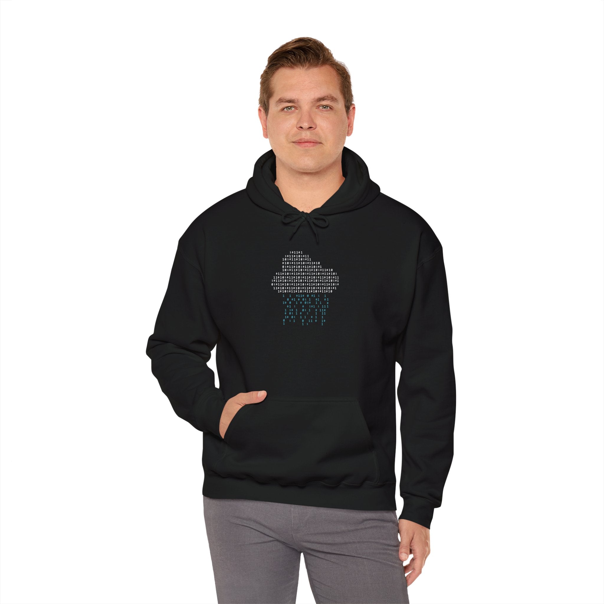 A man faces forward in the Binary Rain Cloud - Hooded Sweatshirt, featuring a pixelated cloud and rain design—ideal for coding marathons or fans of nerdy style—paired with gray pants.